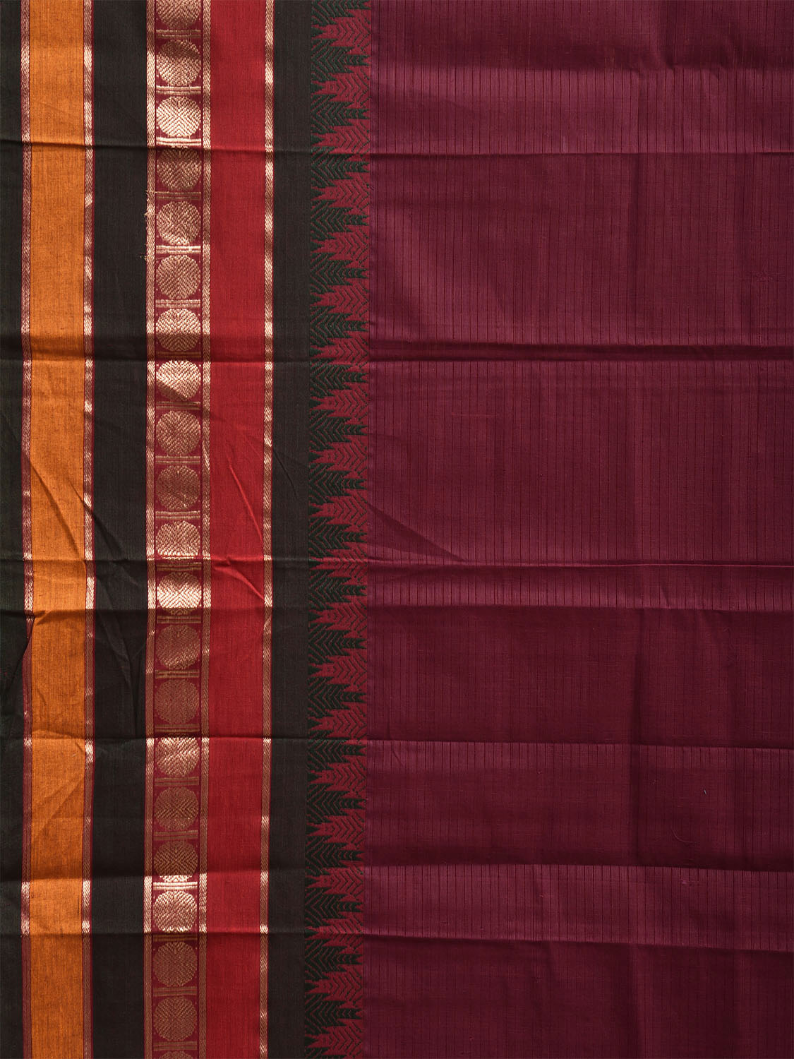 Wine Kanchipuram Cotton Saree with One Side Big Temple Border k0938