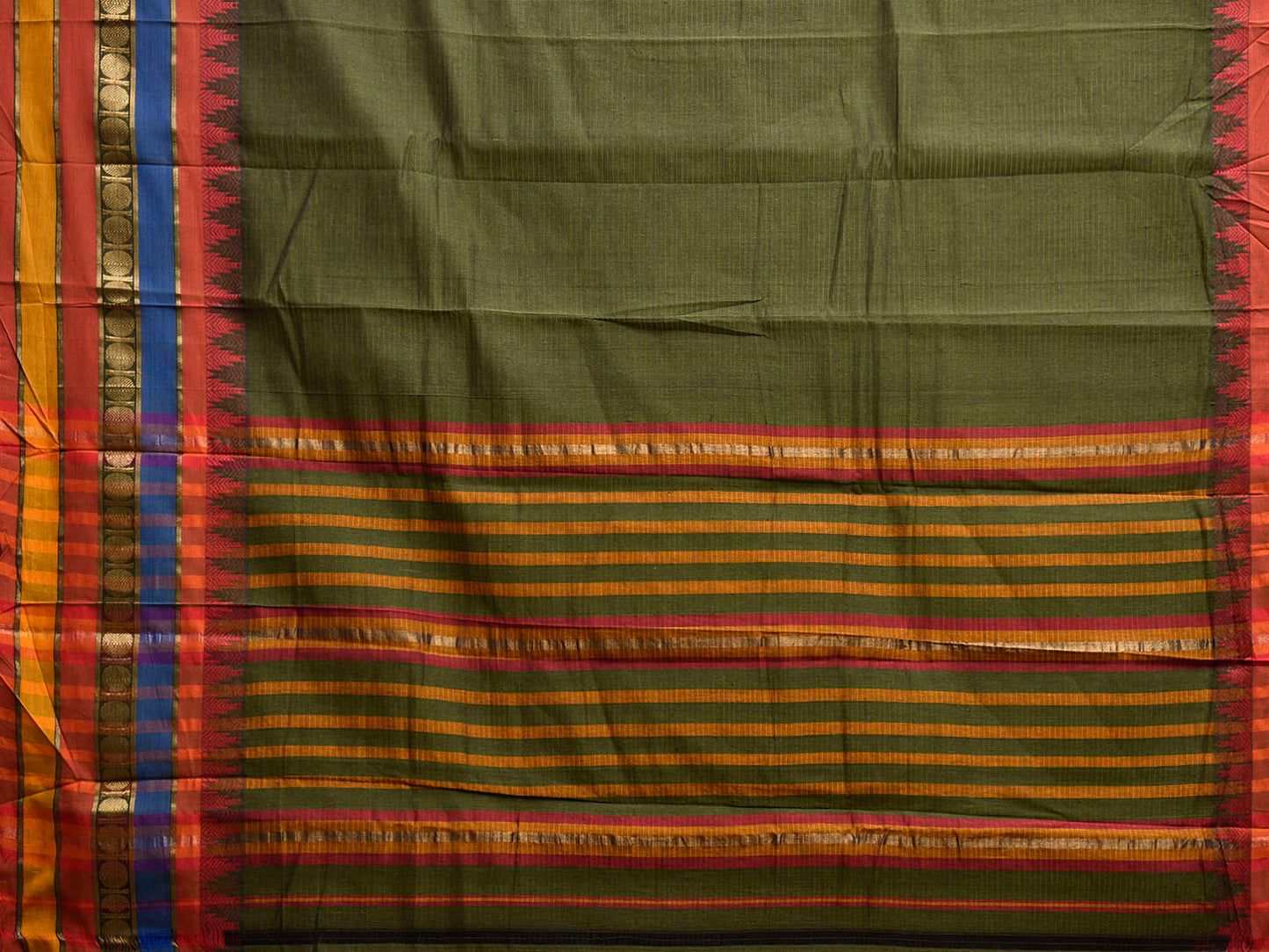 Green Kanchipuram Cotton Saree with One Side Big Temple Border k0939
