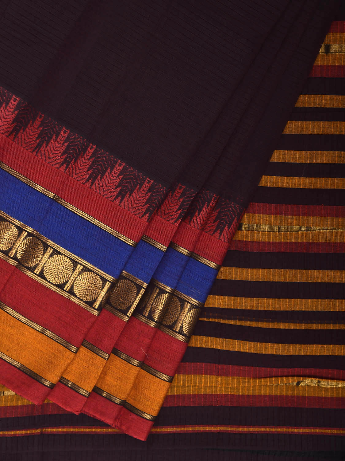 Black Kanchipuram Cotton Saree with One Side Big Temple Border k0940