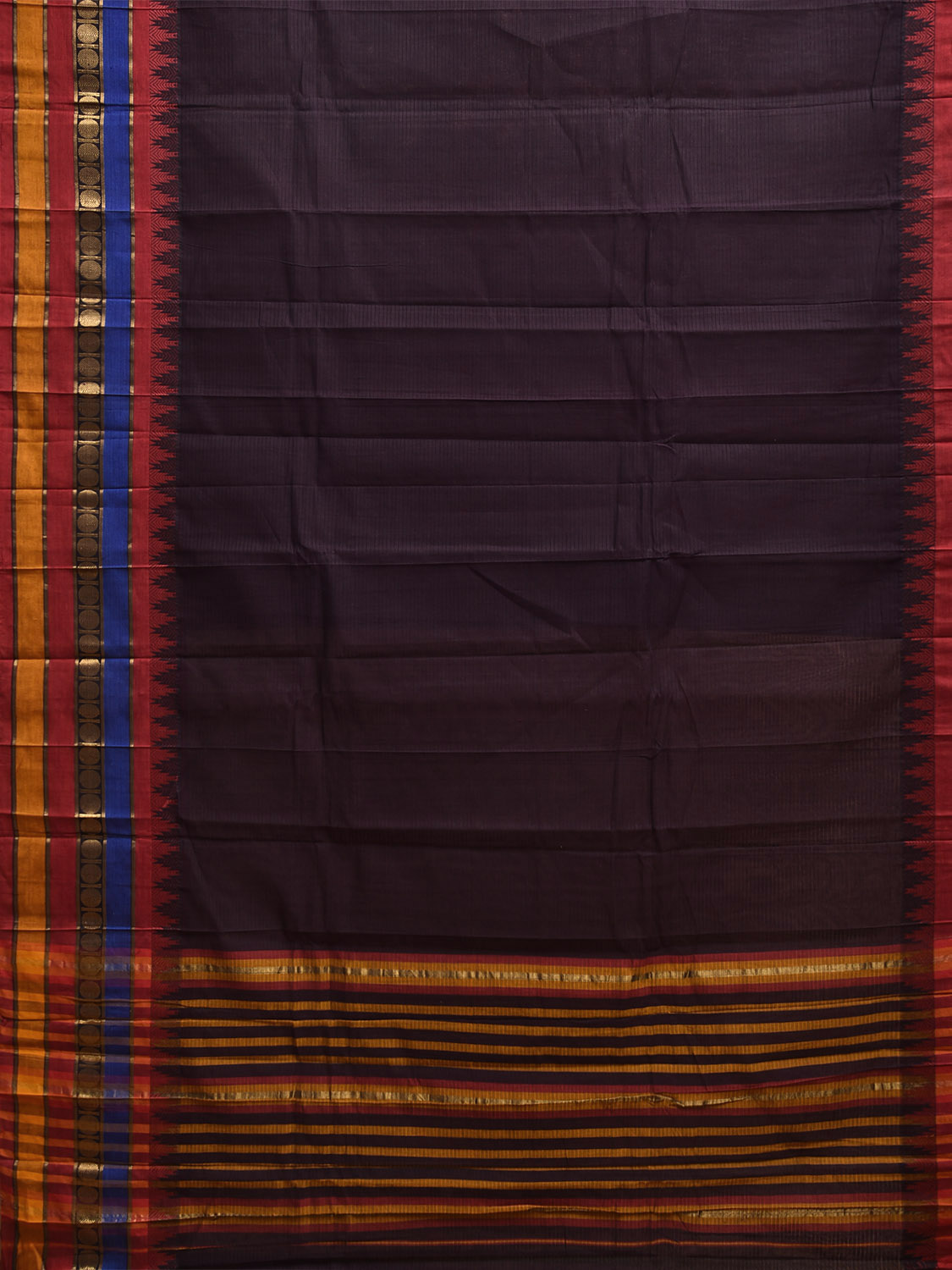 Black Kanchipuram Cotton Saree with One Side Big Temple Border k0940
