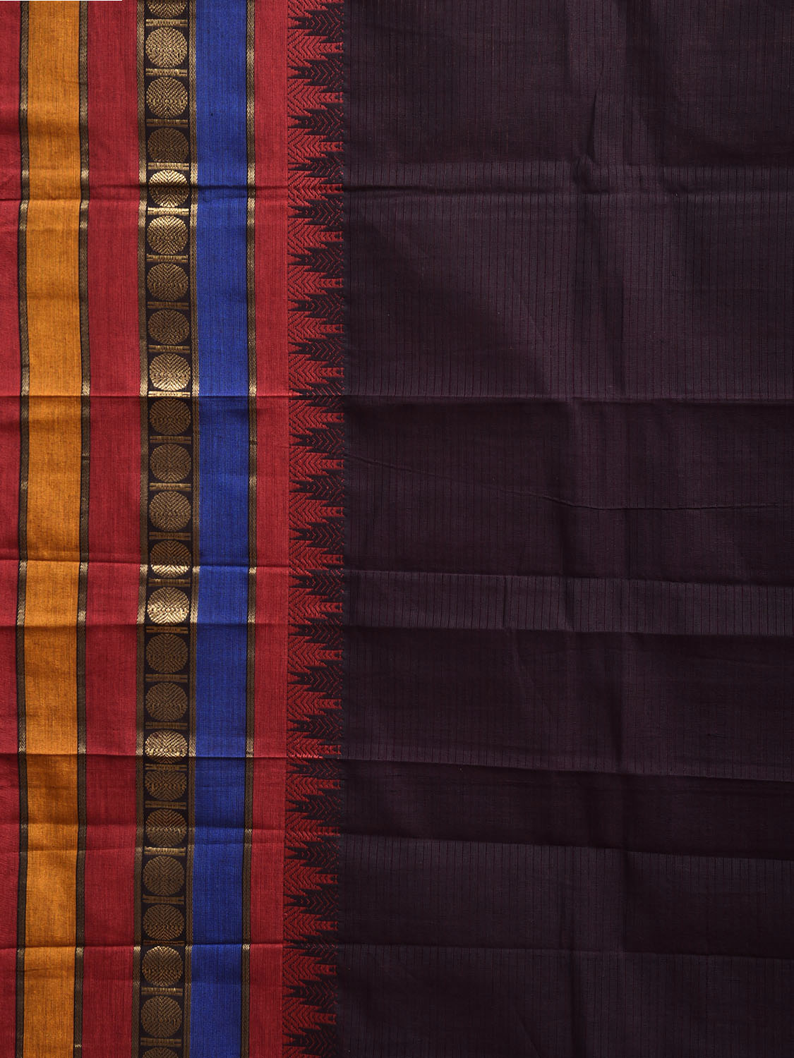 Black Kanchipuram Cotton Saree with One Side Big Temple Border k0940