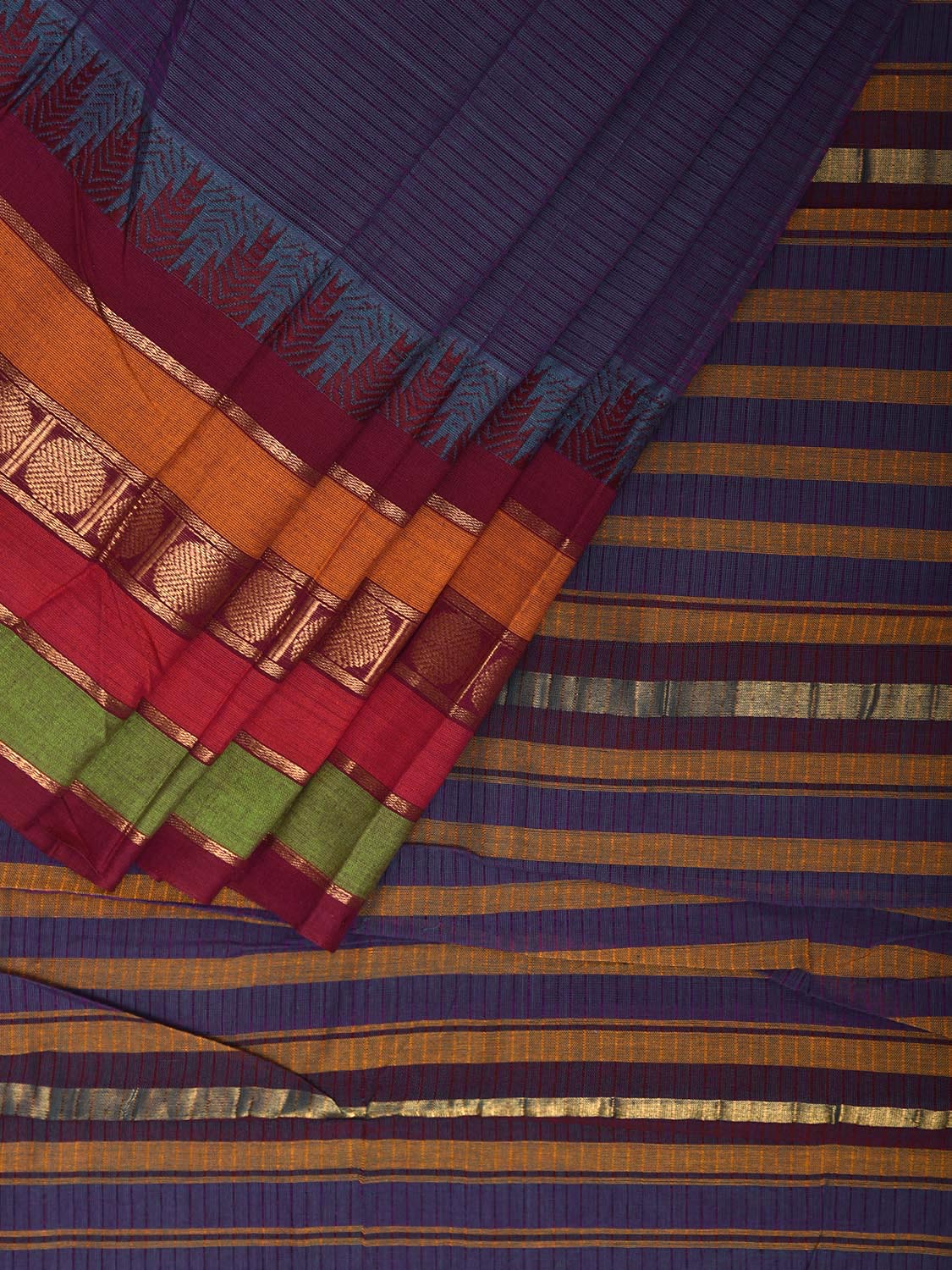 Indigo Kanchipuram Cotton Saree with One Side Big Temple Border k0942