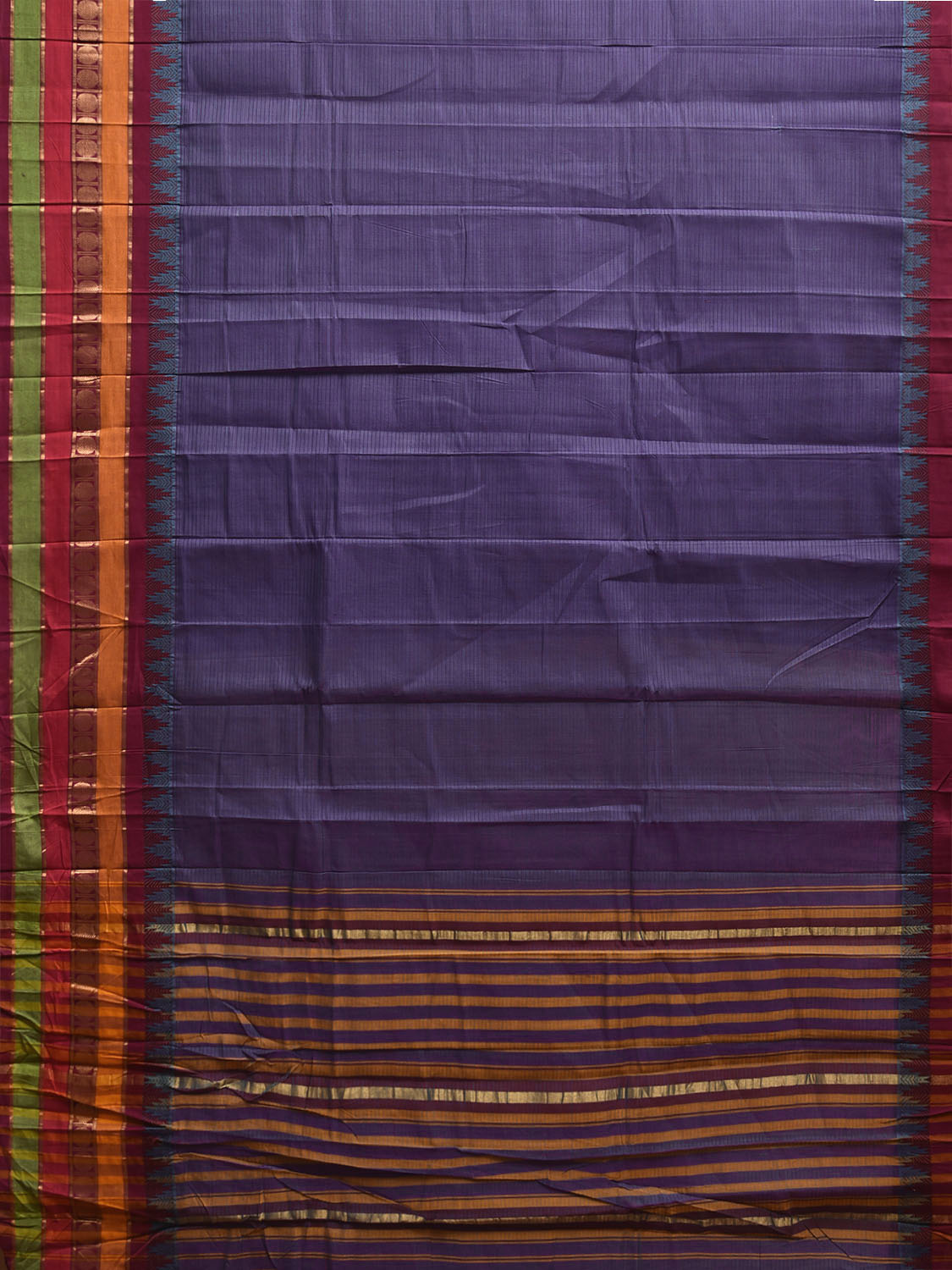 Indigo Kanchipuram Cotton Saree with One Side Big Temple Border k0942
