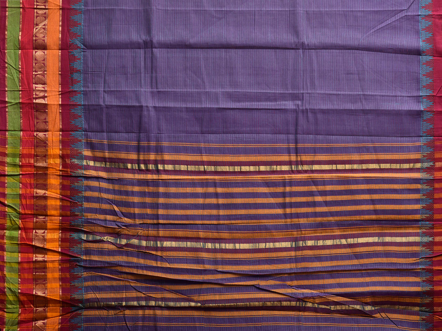 Indigo Kanchipuram Cotton Saree with One Side Big Temple Border k0942