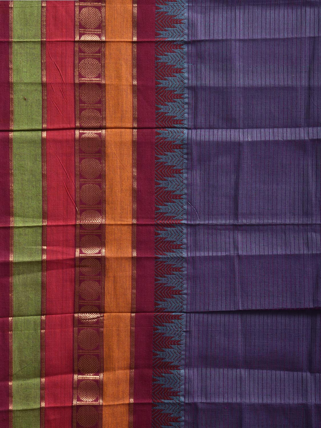 Indigo Kanchipuram Cotton Saree with One Side Big Temple Border k0942