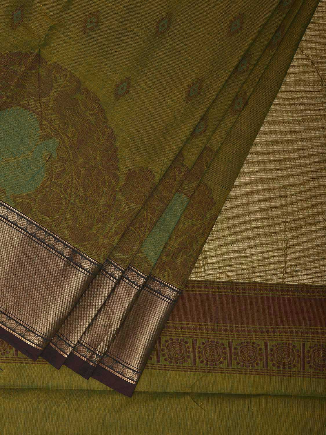 Green Kanchipuram Cotton Saree with One Side Peacock Border Design k0948