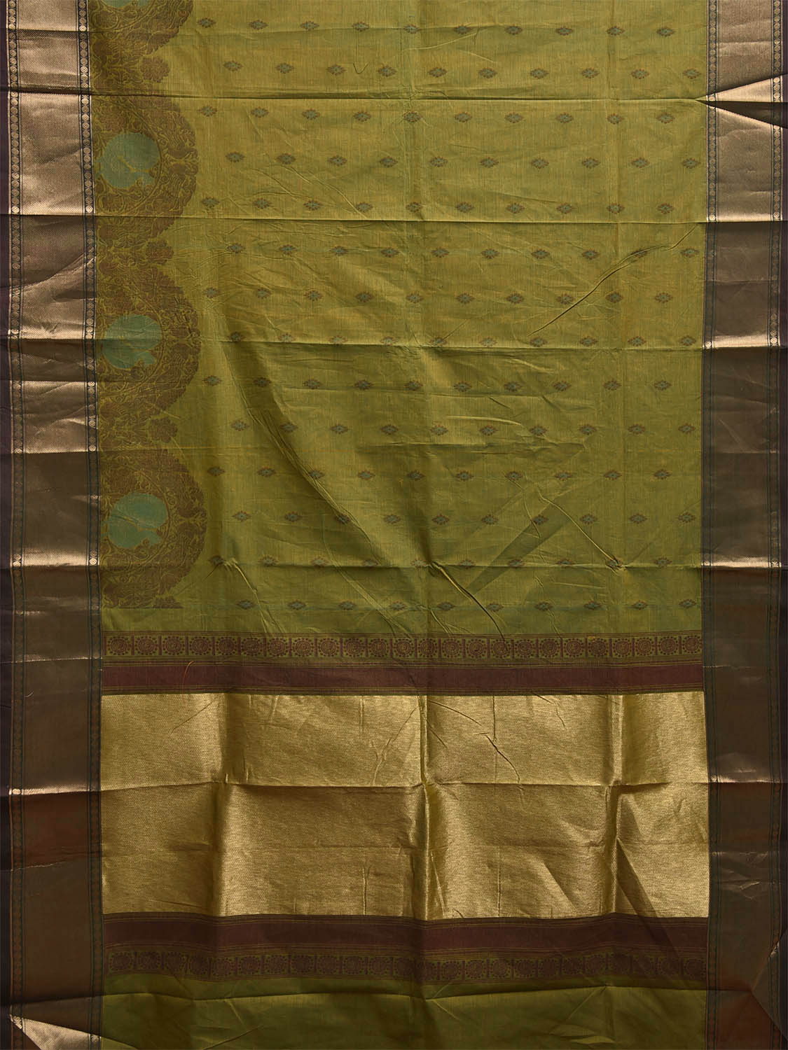 Green Kanchipuram Cotton Saree with One Side Peacock Border Design k0948