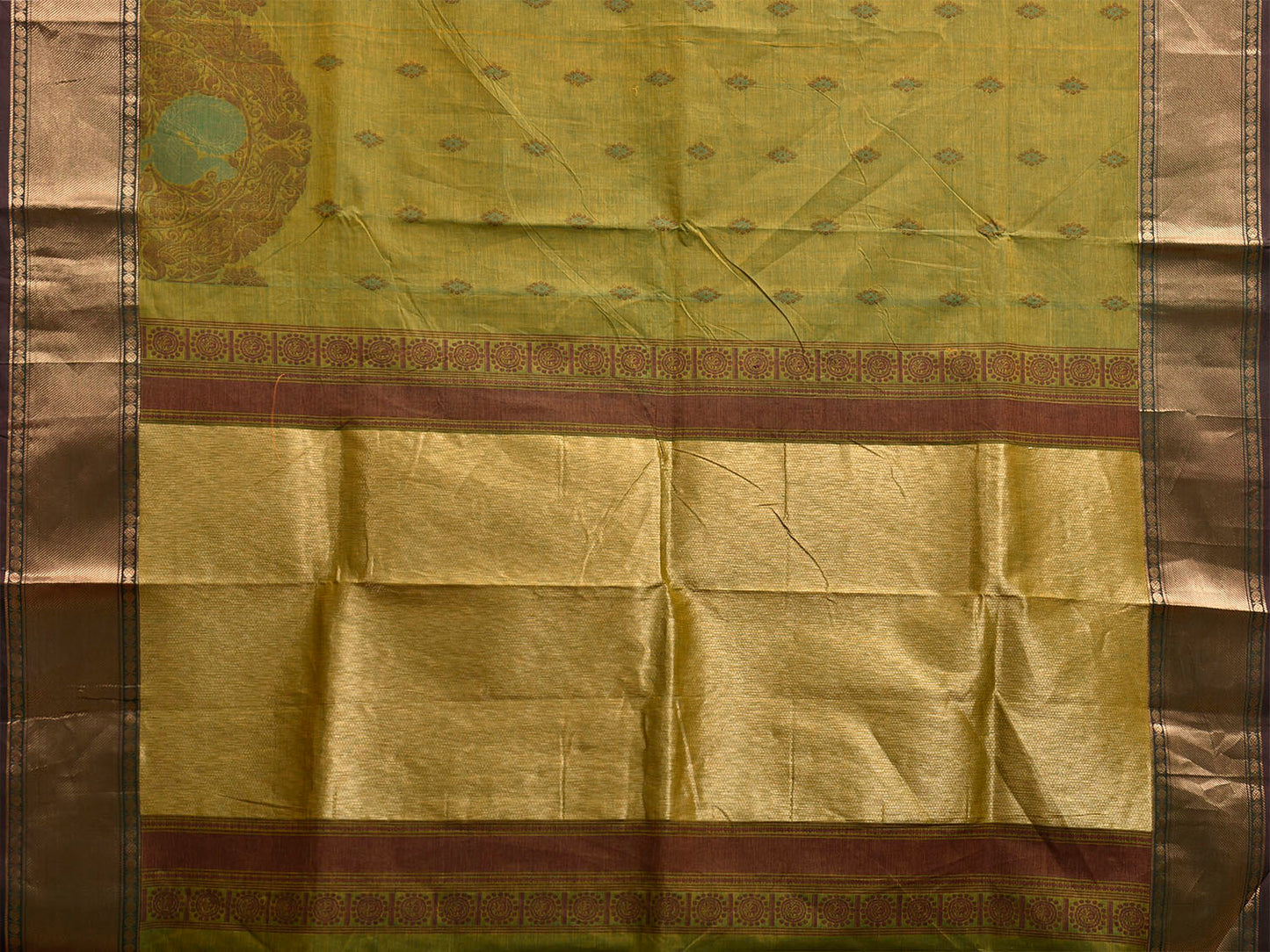 Green Kanchipuram Cotton Saree with One Side Peacock Border Design k0948