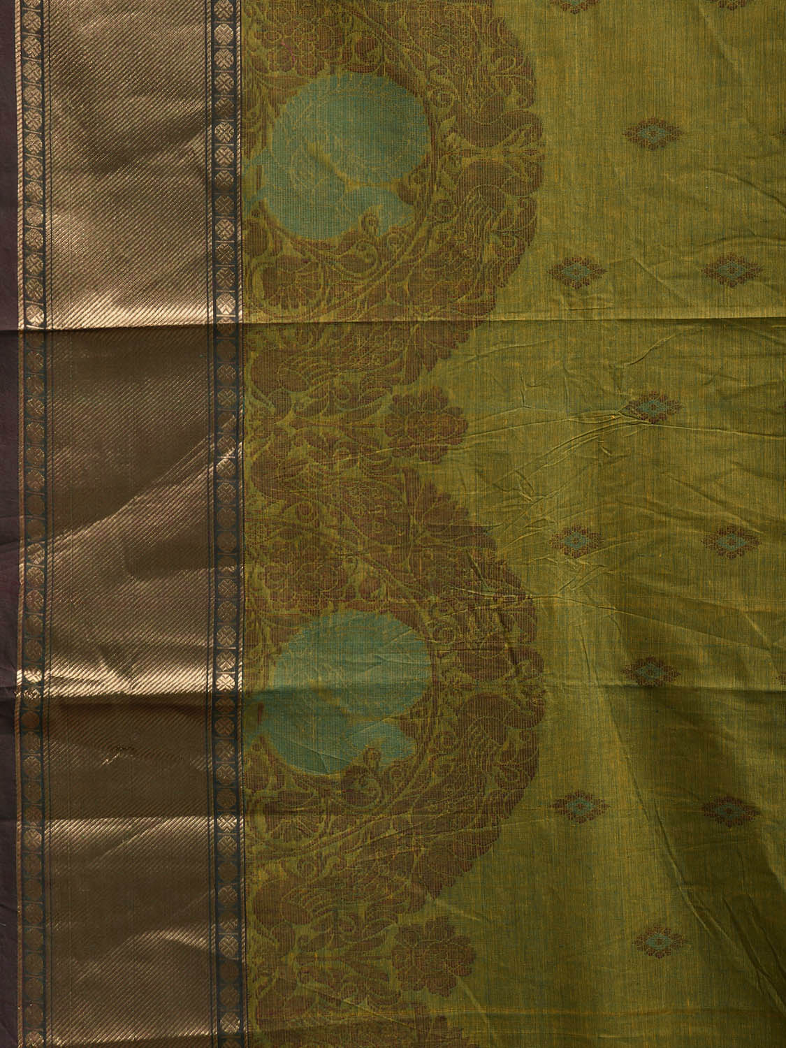Green Kanchipuram Cotton Saree with One Side Peacock Border Design k0948