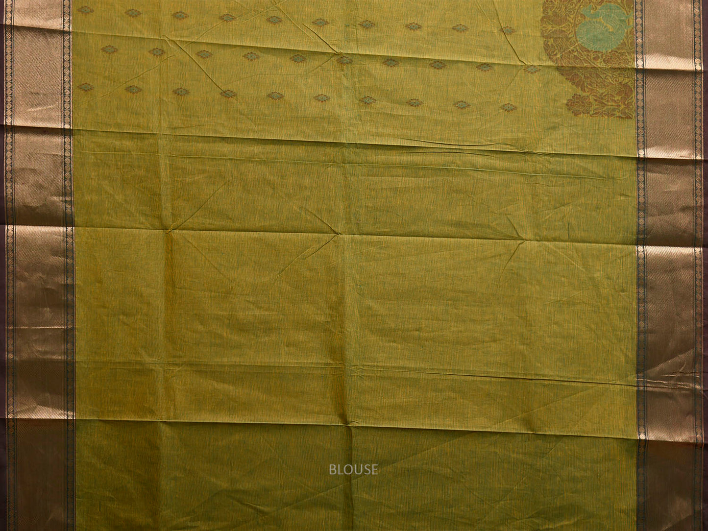 Green Kanchipuram Cotton Saree with One Side Peacock Border Design k0948