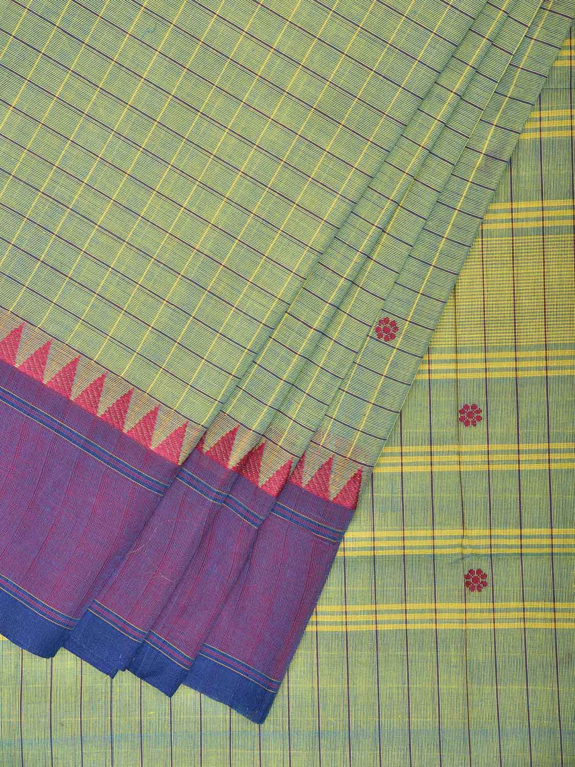 Turquoise and Purple Kanchipuram Cotton Saree with Checks Design k0961