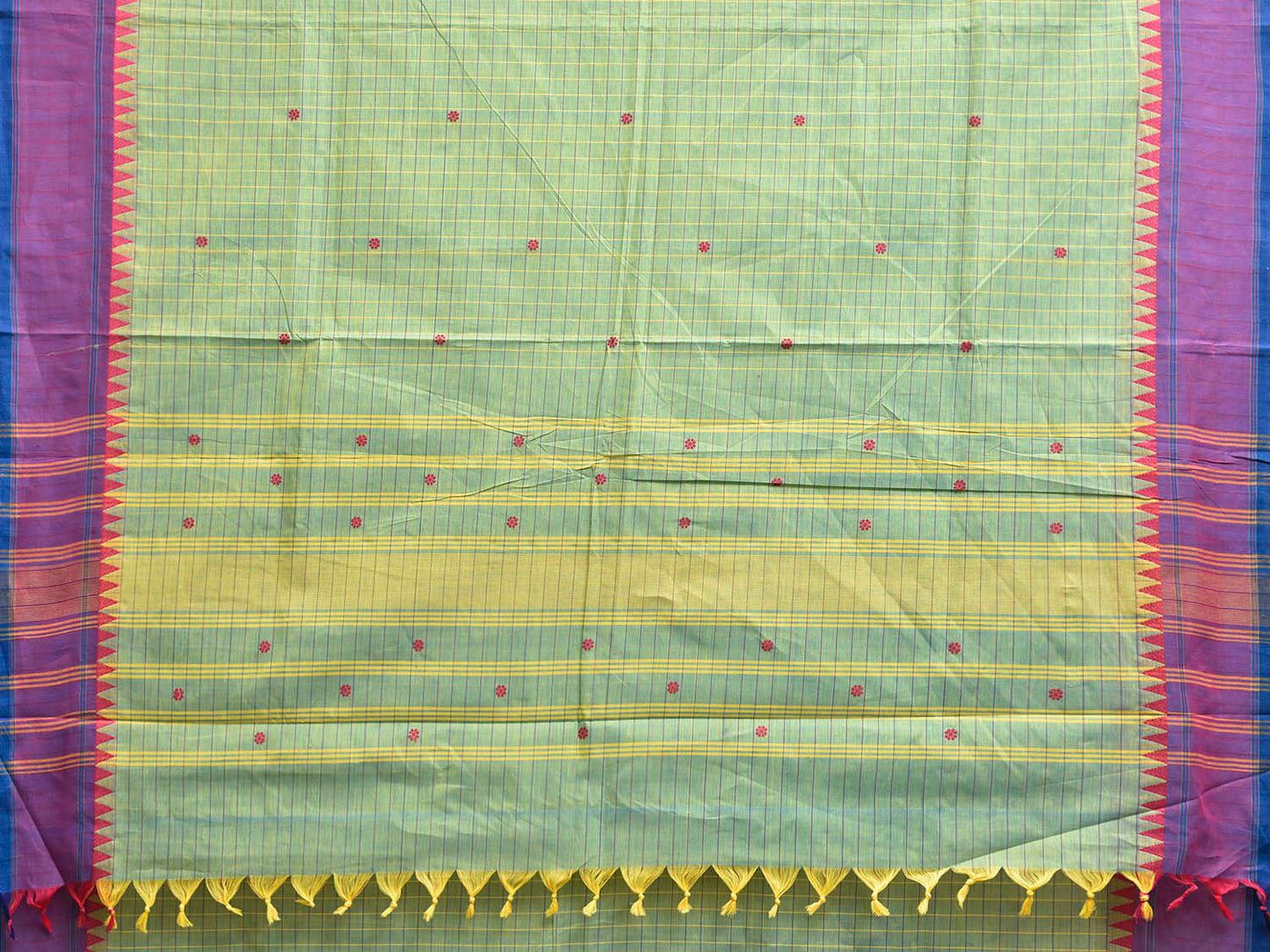 Turquoise and Purple Kanchipuram Cotton Saree with Checks Design k0961