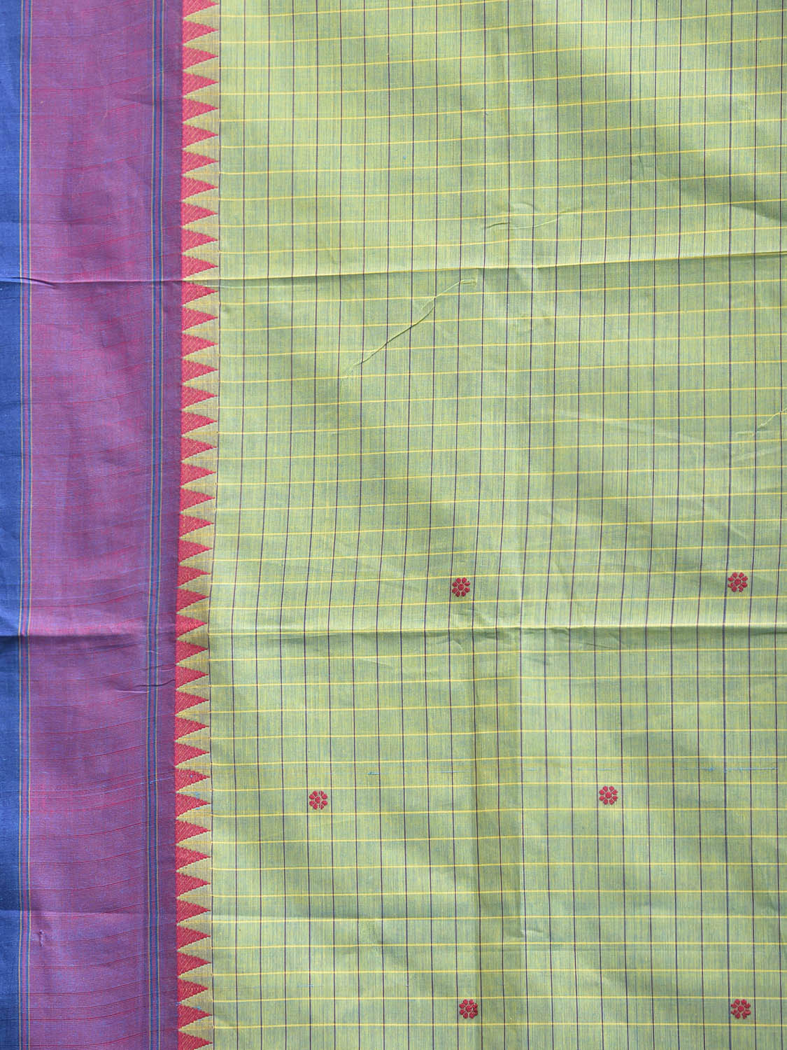 Turquoise and Purple Kanchipuram Cotton Saree with Checks Design k0961