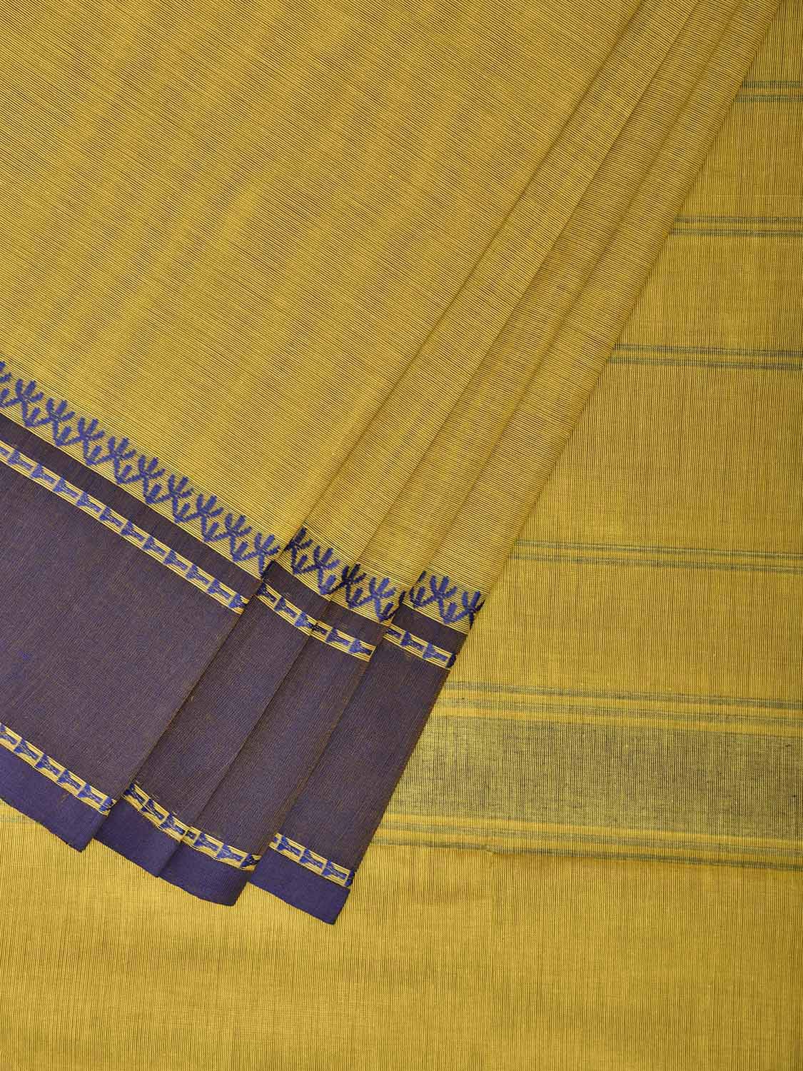 Yellow and Dark Blue Kanchipuram Cotton Plain Saree with Strips Pallu Design k0964