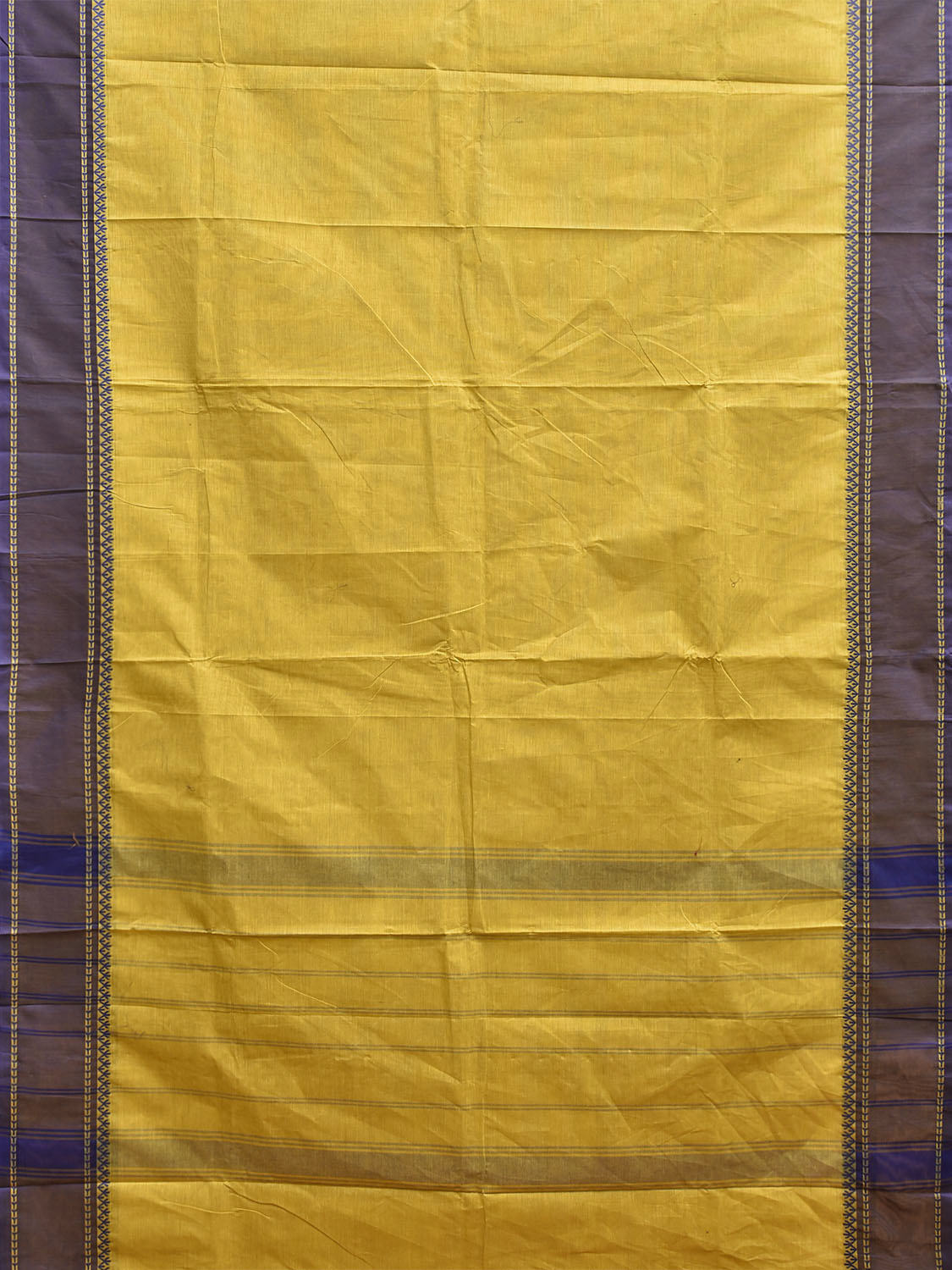 Yellow and Dark Blue Kanchipuram Cotton Plain Saree with Strips Pallu Design k0964