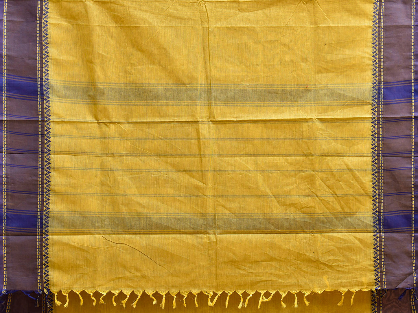 Yellow and Dark Blue Kanchipuram Cotton Plain Saree with Strips Pallu Design k0964