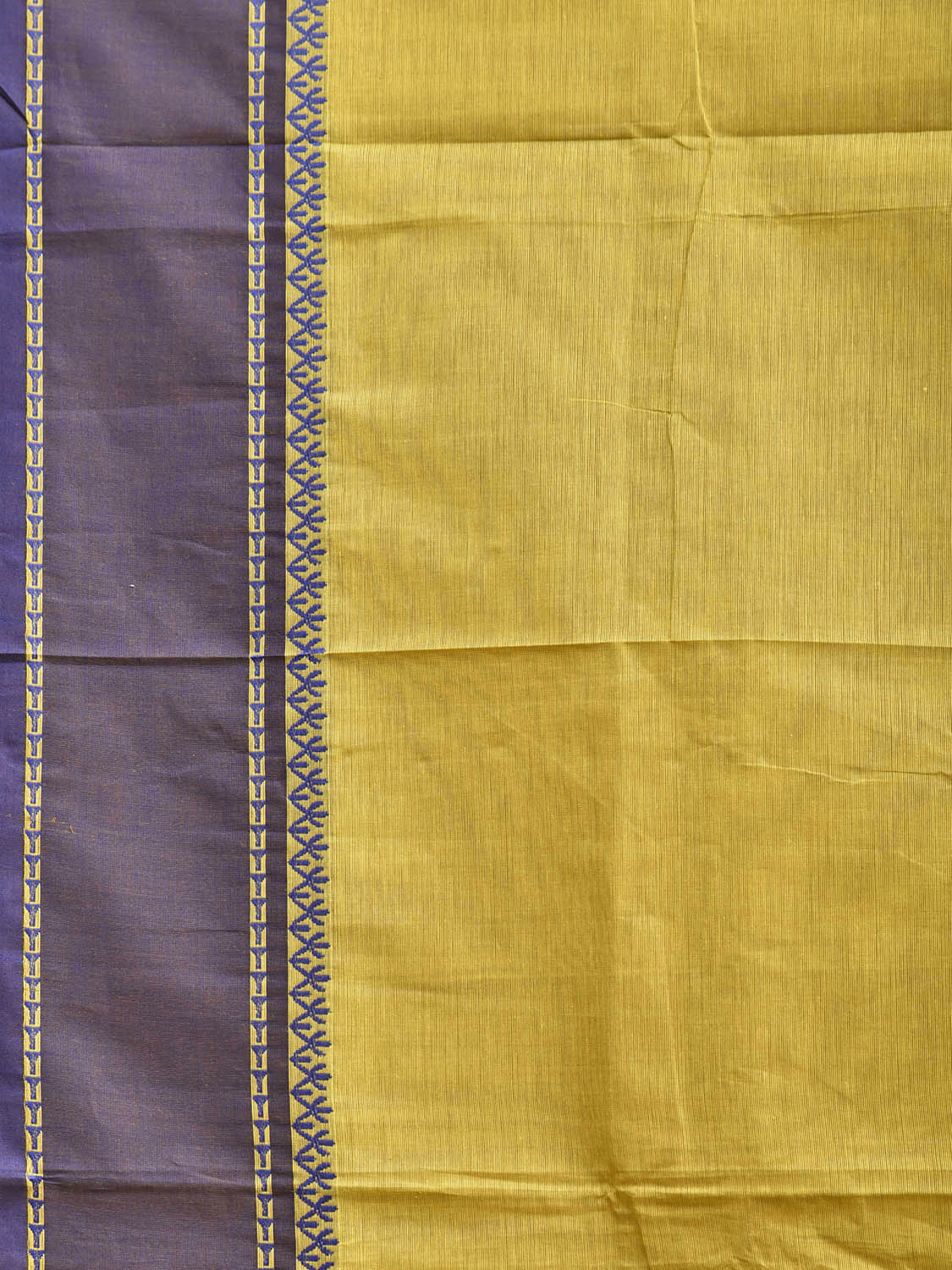 Yellow and Dark Blue Kanchipuram Cotton Plain Saree with Strips Pallu Design k0964
