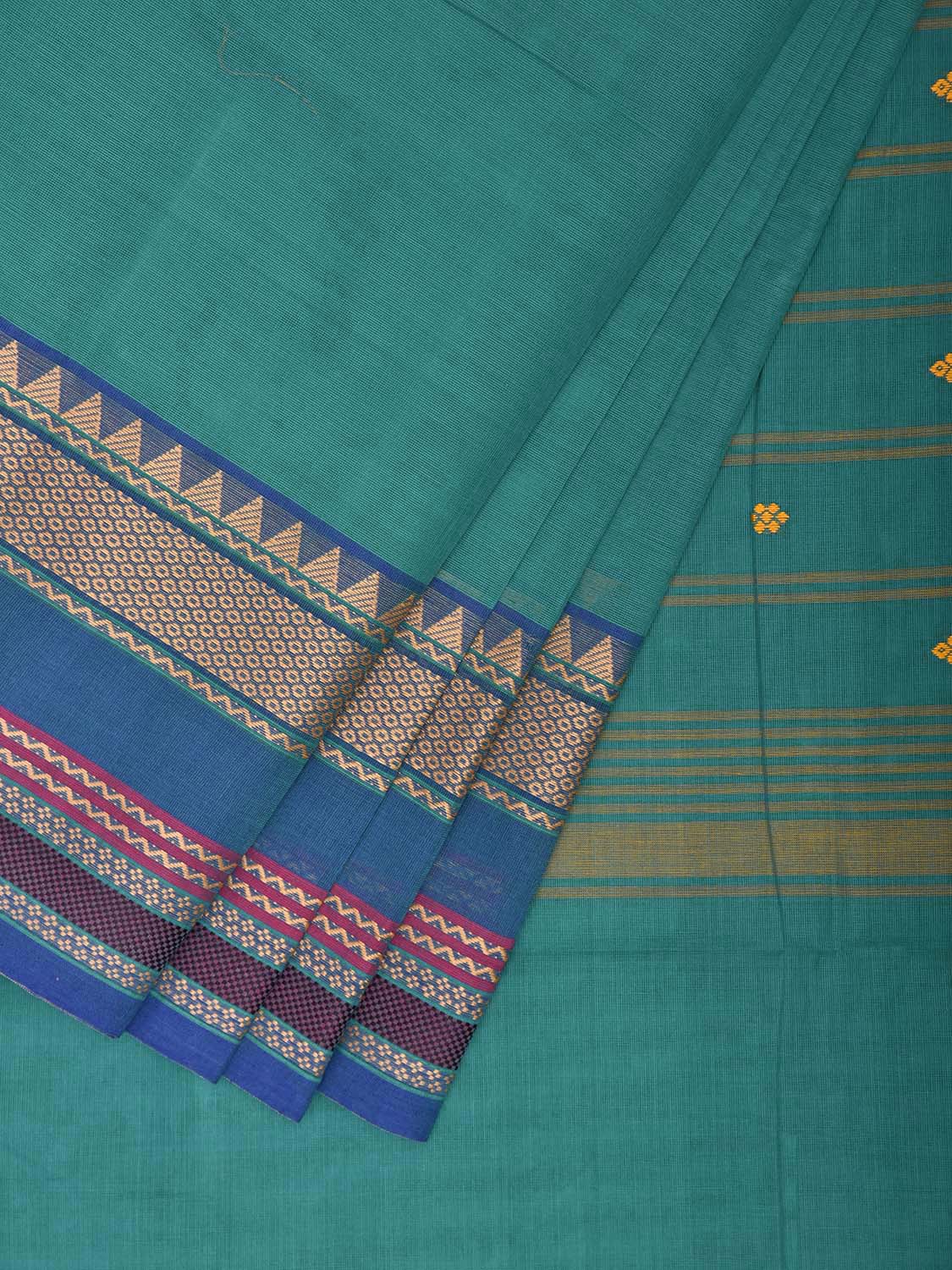 Turquoise and Blue Kanchipuram Cotton Saree with Strips Pallu Design k0965