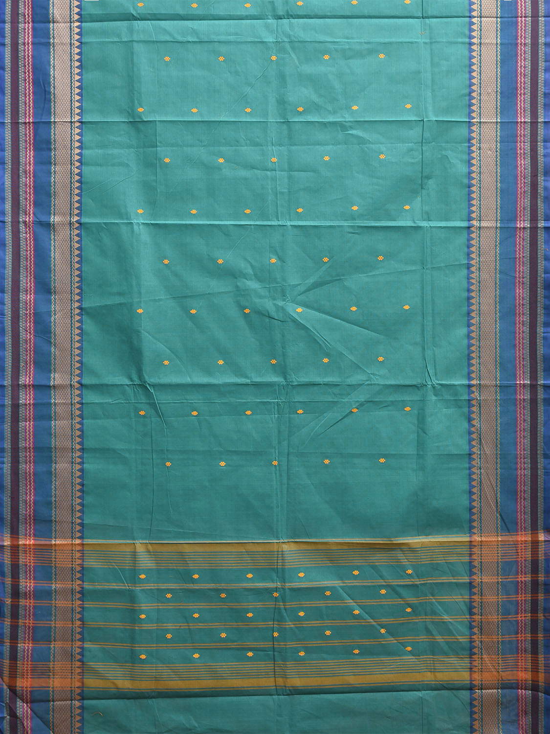 Turquoise and Blue Kanchipuram Cotton Saree with Strips Pallu Design k0965
