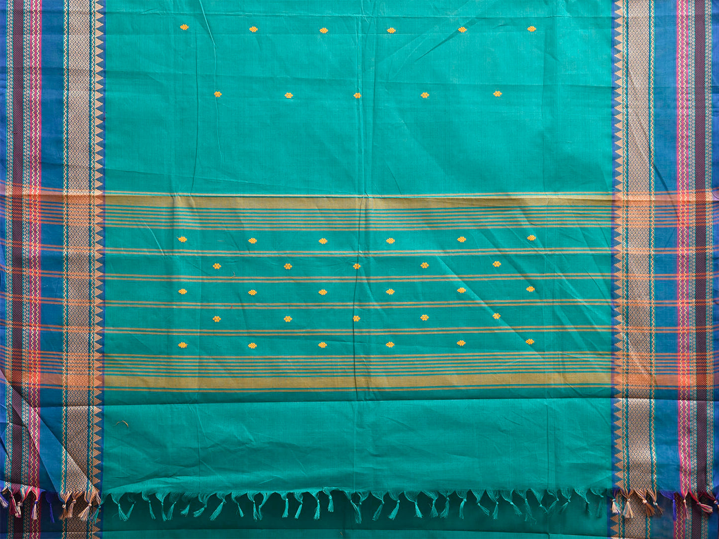 Turquoise and Blue Kanchipuram Cotton Saree with Strips Pallu Design k0965