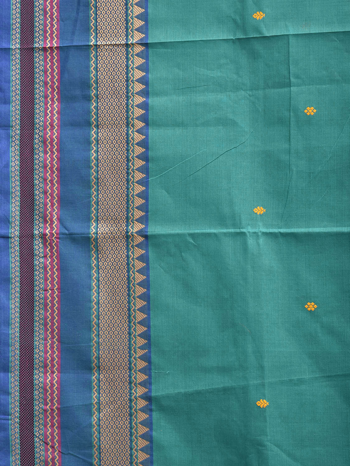 Turquoise and Blue Kanchipuram Cotton Saree with Strips Pallu Design k0965