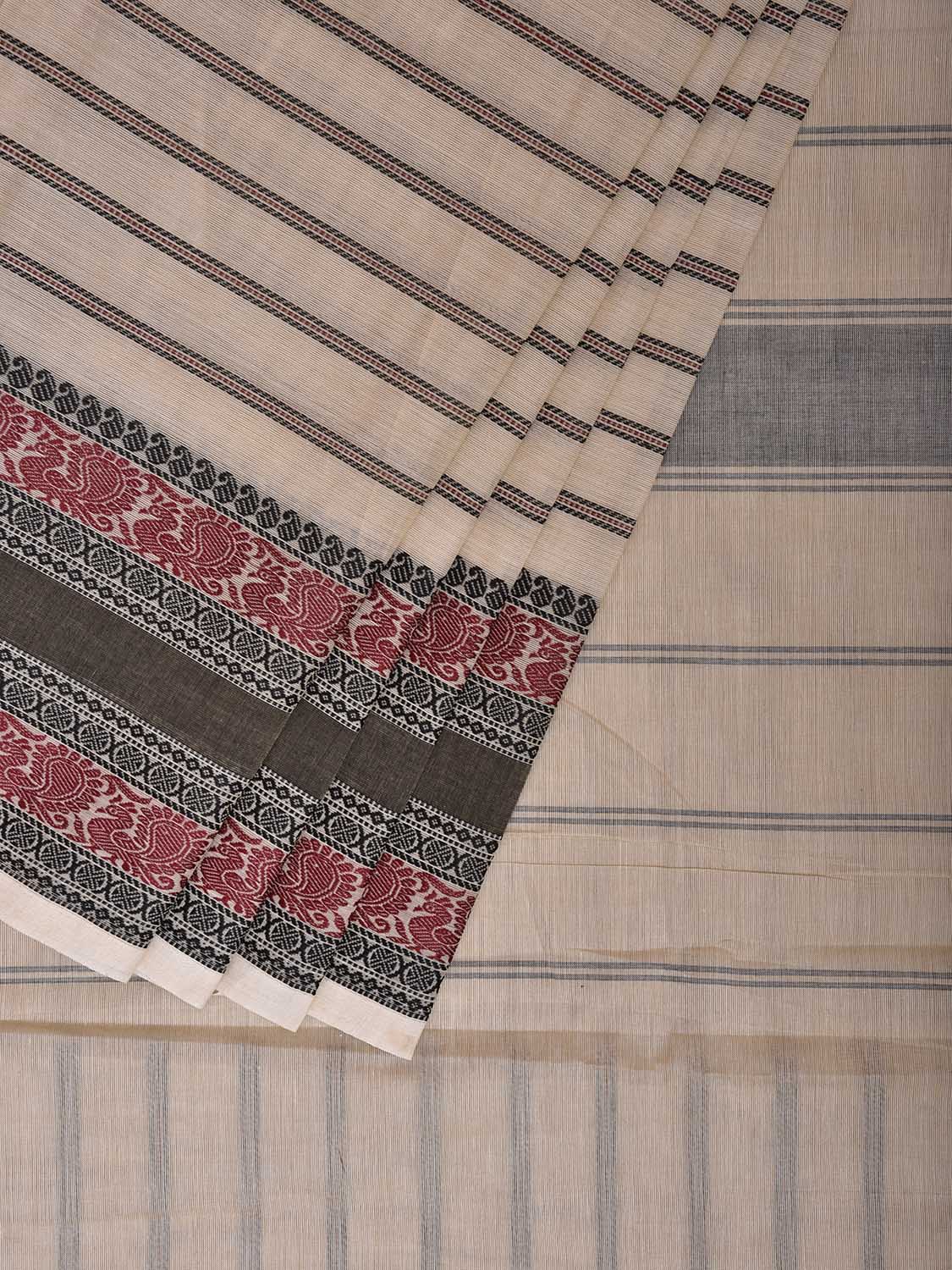 White and Black Kanchipuram Cotton Saree with Strips and Border Design k0970