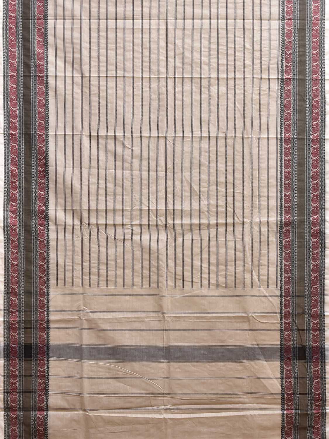 White and Black Kanchipuram Cotton Saree with Strips and Border Design k0970