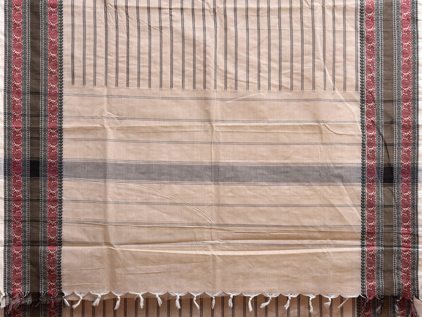 White and Black Kanchipuram Cotton Saree with Strips and Border Design k0970