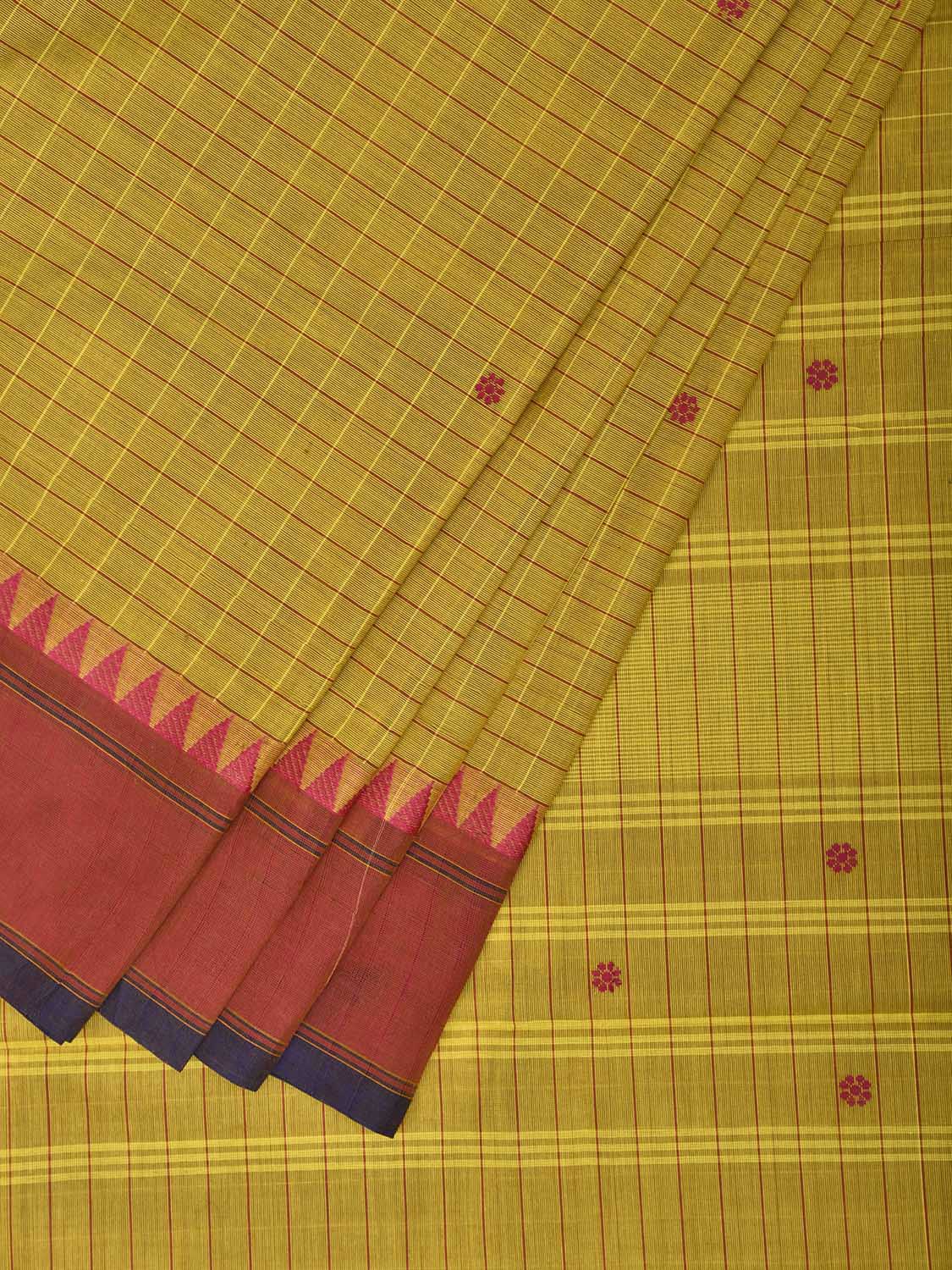 Yellow and Red Kanchipuram Cotton Saree with Checks and Temple Border Design k0971