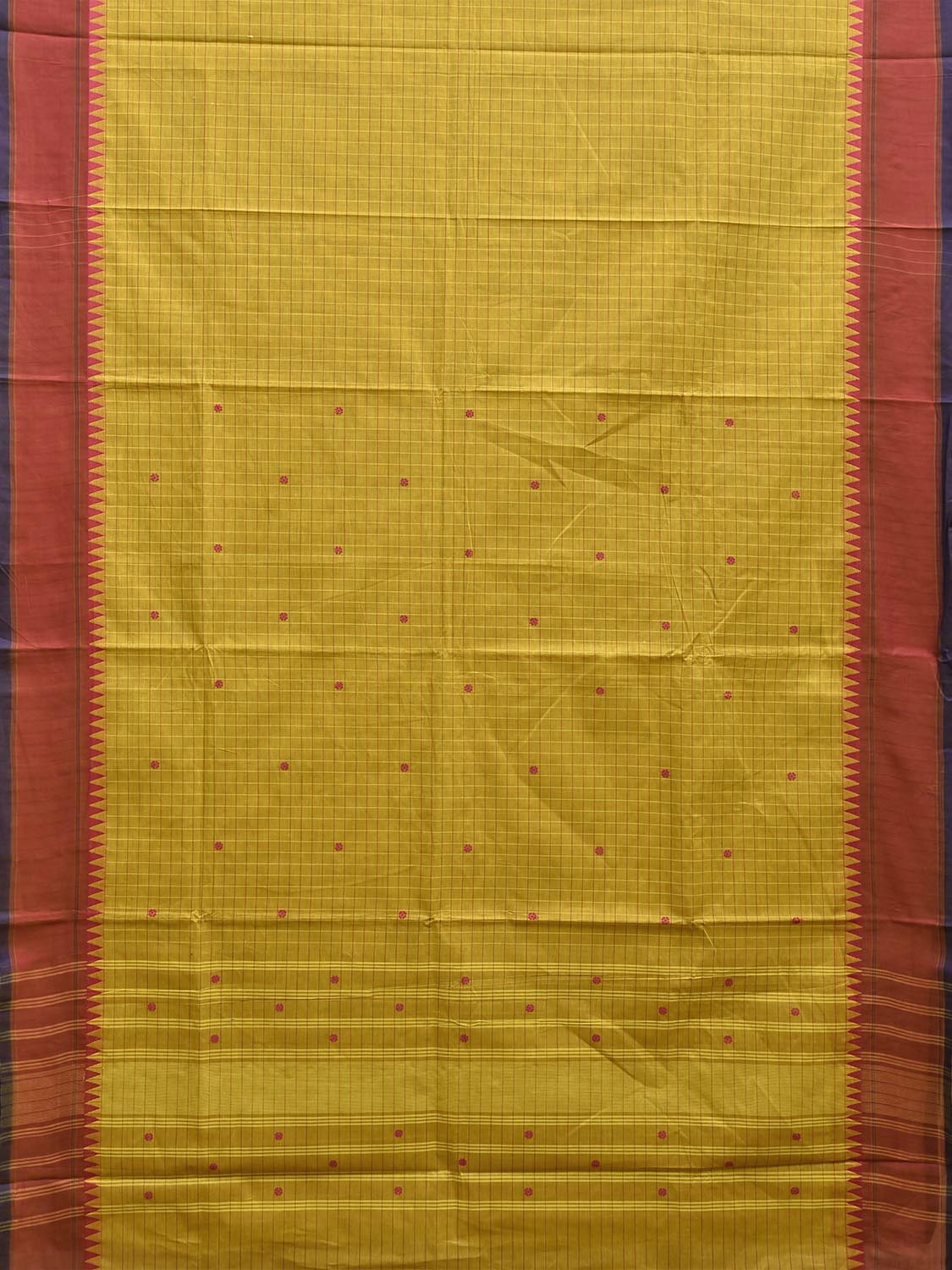 Yellow and Red Kanchipuram Cotton Saree with Checks and Temple Border Design k0971