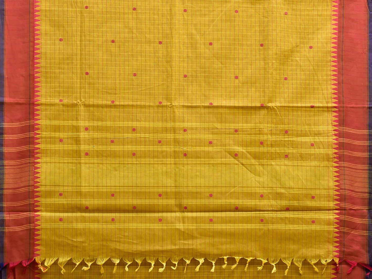 Yellow and Red Kanchipuram Cotton Saree with Checks and Temple Border Design k0971