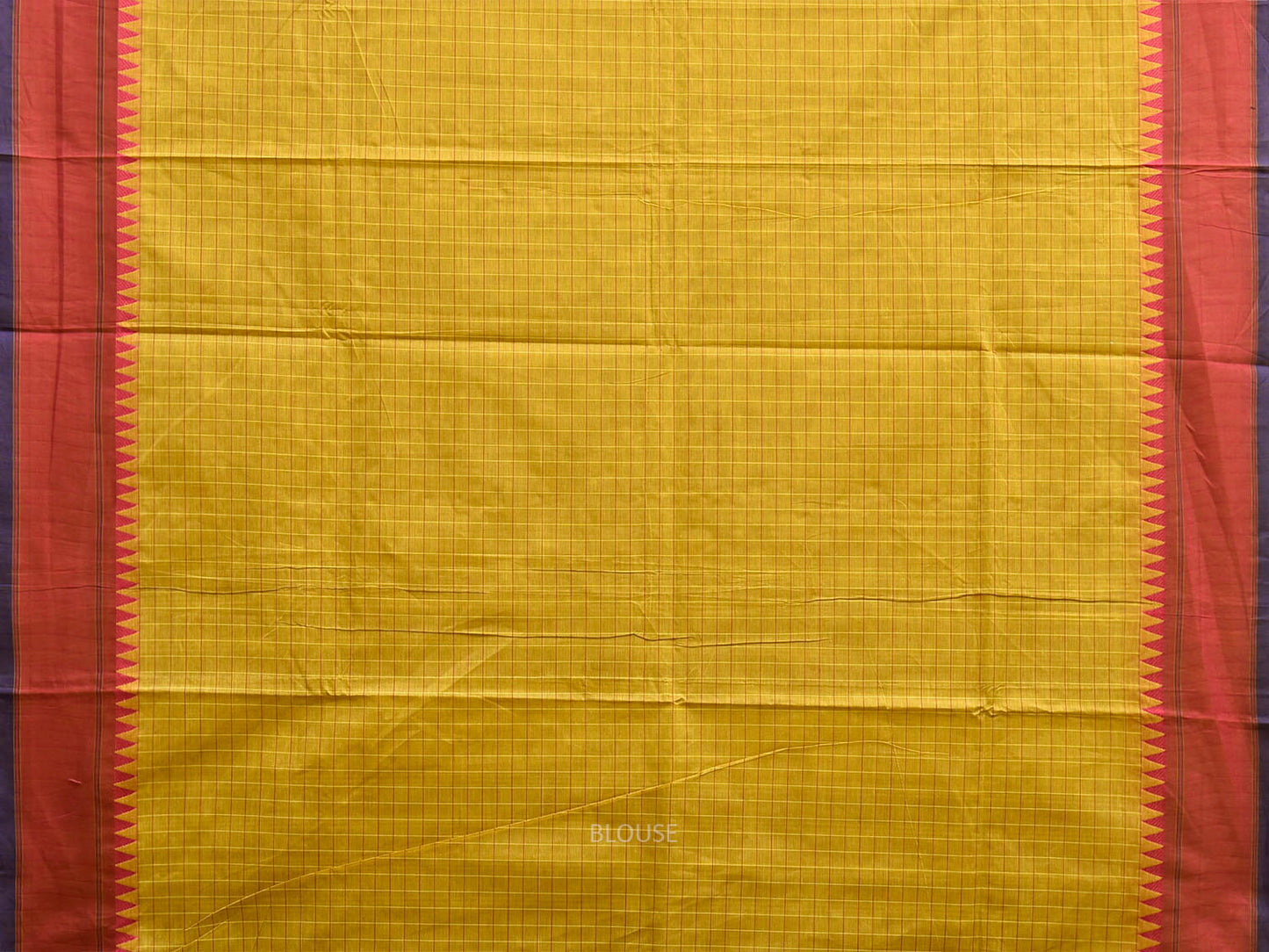 Yellow and Red Kanchipuram Cotton Saree with Checks and Temple Border Design k0971