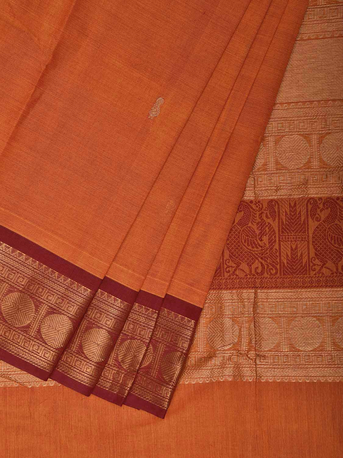 Orange and Red Kanchipuram Cotton Saree with Pallu and Border Design k0972