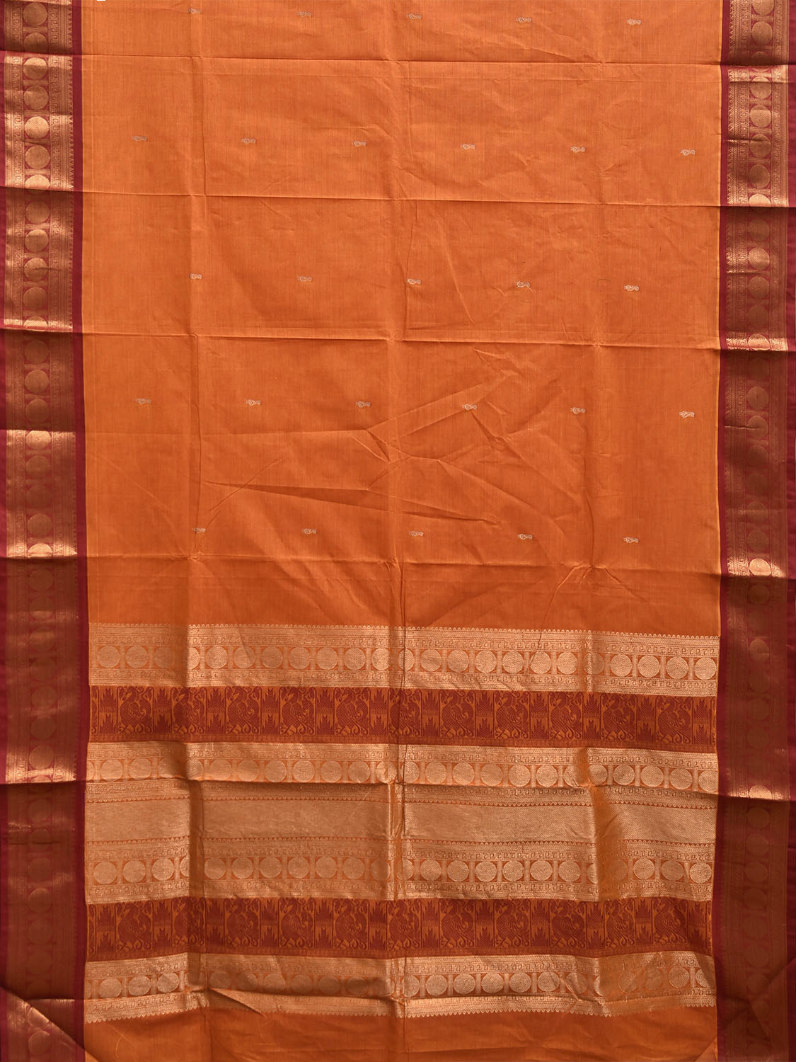 Orange and Red Kanchipuram Cotton Saree with Pallu and Border Design k0972