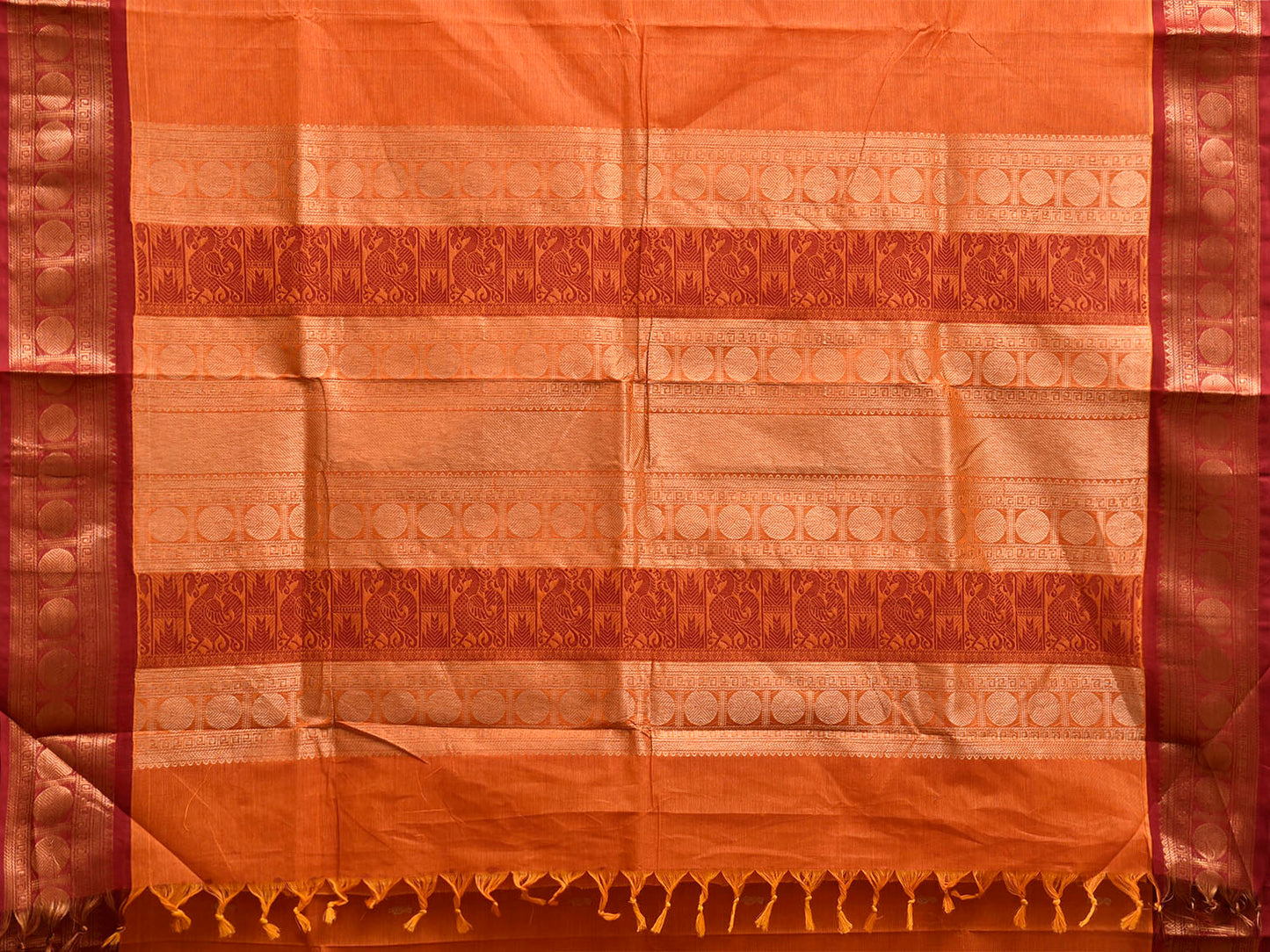 Orange and Red Kanchipuram Cotton Saree with Pallu and Border Design k0972