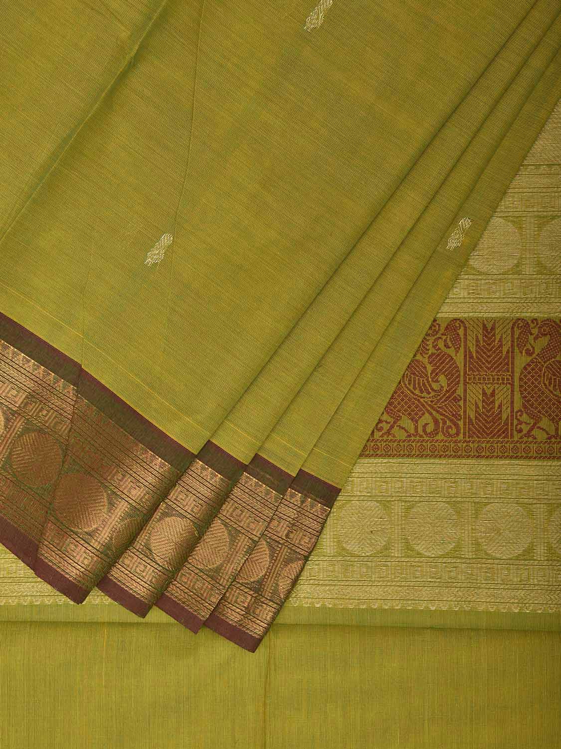 Green and Red Kanchipuram Cotton Saree with Pallu and Border Design k0973