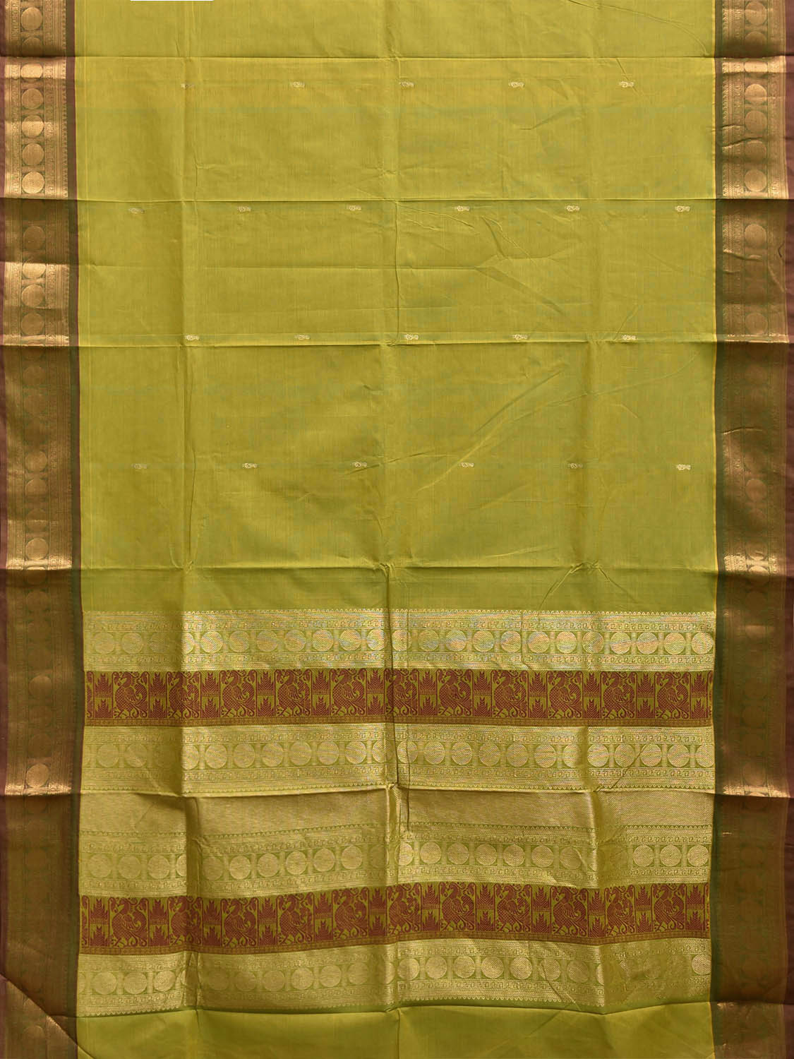 Green and Red Kanchipuram Cotton Saree with Pallu and Border Design k0973