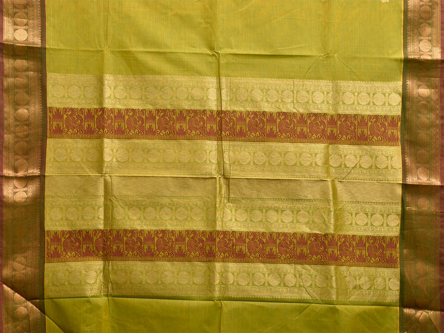 Green and Red Kanchipuram Cotton Saree with Pallu and Border Design k0973