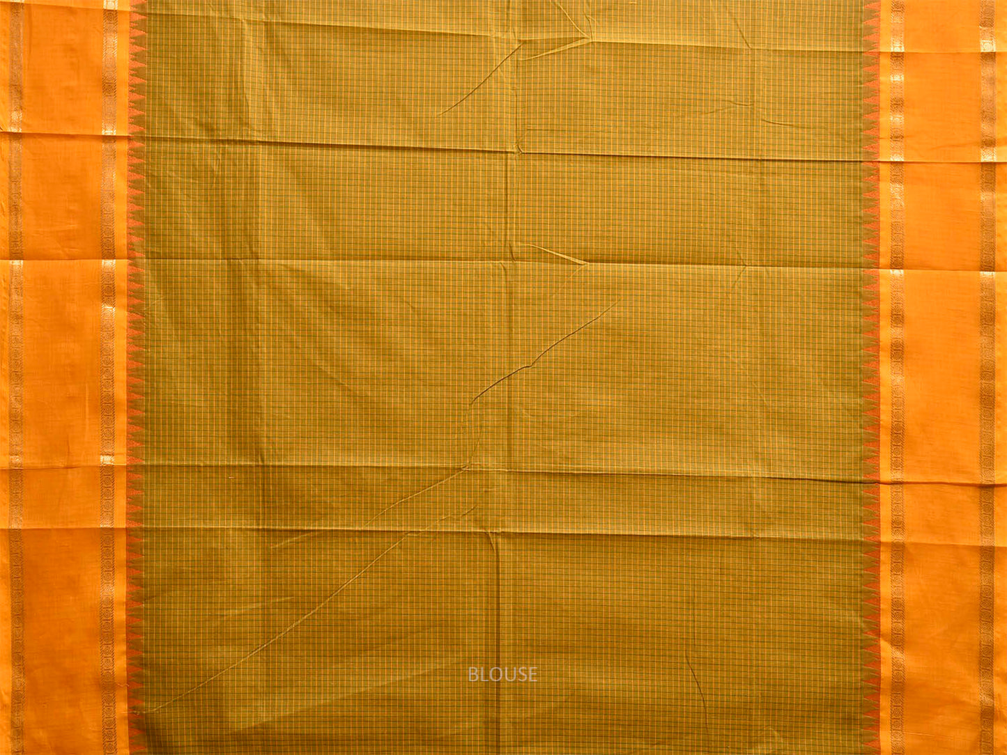 Light Green and Yellow Kanchipuram Cotton Saree with Checks and Strips Pallu Design k0978