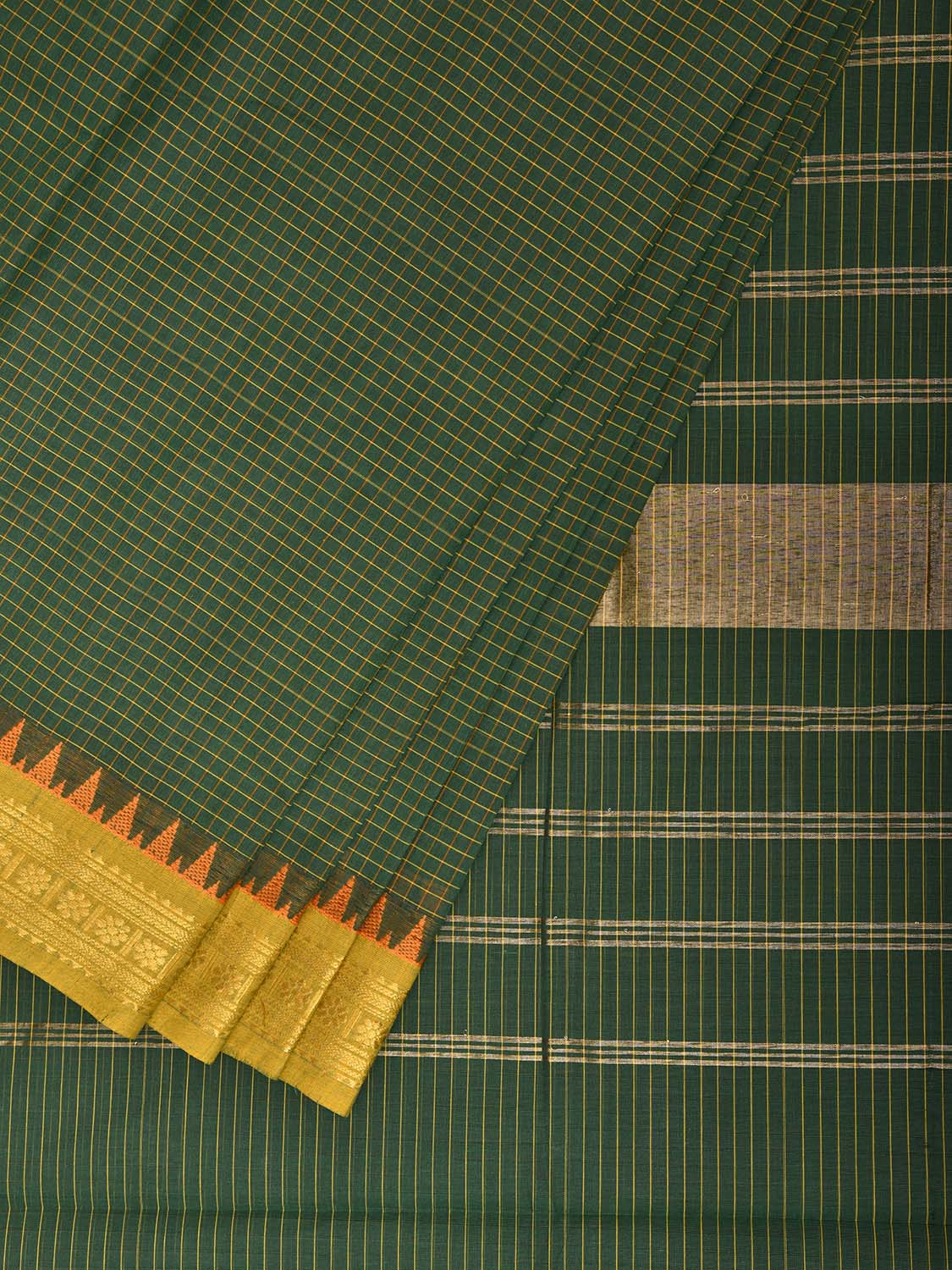 Green and Olive Kanchipuram Cotton Saree with Checks and Strips Pallu Design k0984
