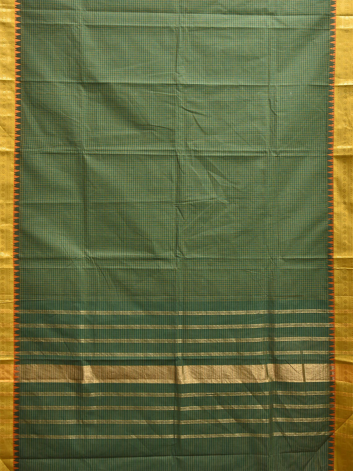 Green and Olive Kanchipuram Cotton Saree with Checks and Strips Pallu Design k0984