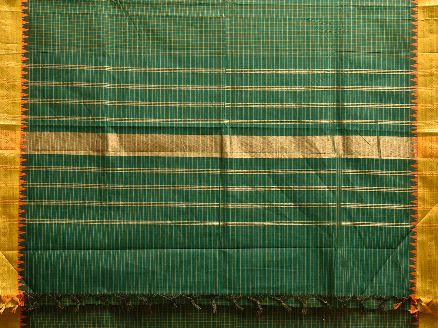 Green and Olive Kanchipuram Cotton Saree with Checks and Strips Pallu Design k0984