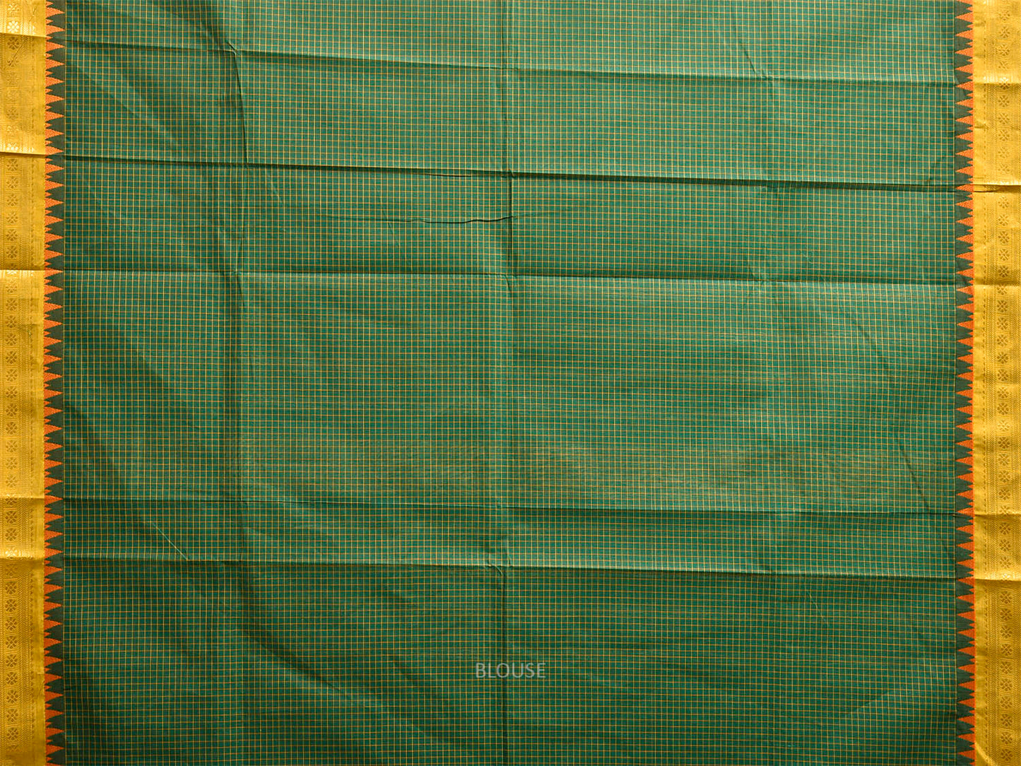 Green and Olive Kanchipuram Cotton Saree with Checks and Strips Pallu Design k0984