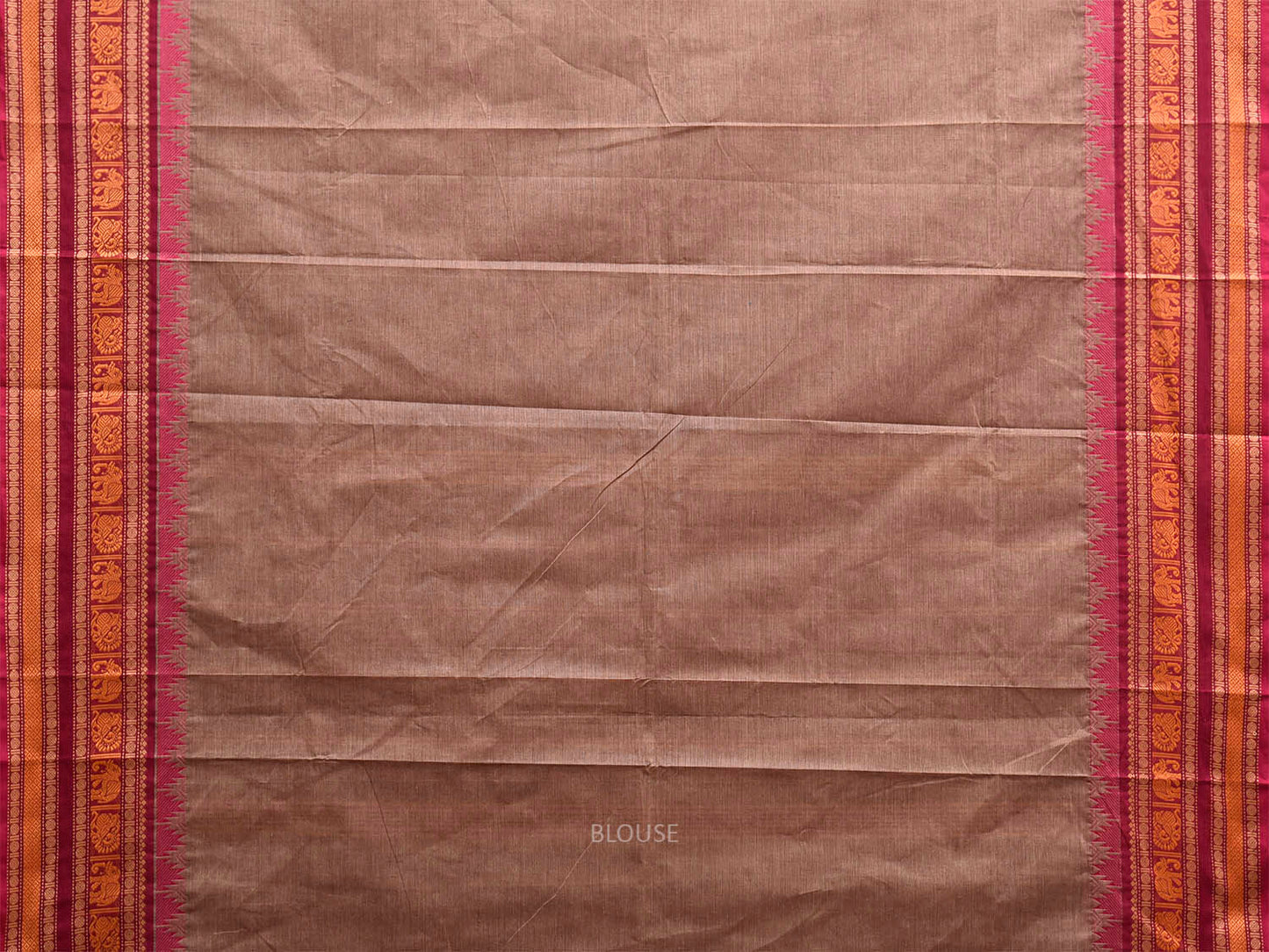 Khaki and Pink Kanchipuram Cotton Saree with Strips Pallu Border Design k0989