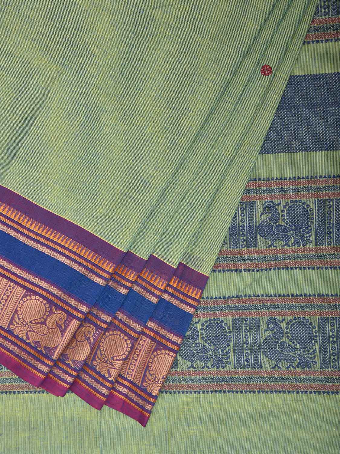 Turquoise and Blue Kanchipuram Cotton Saree with Border and Pallu Design k0991