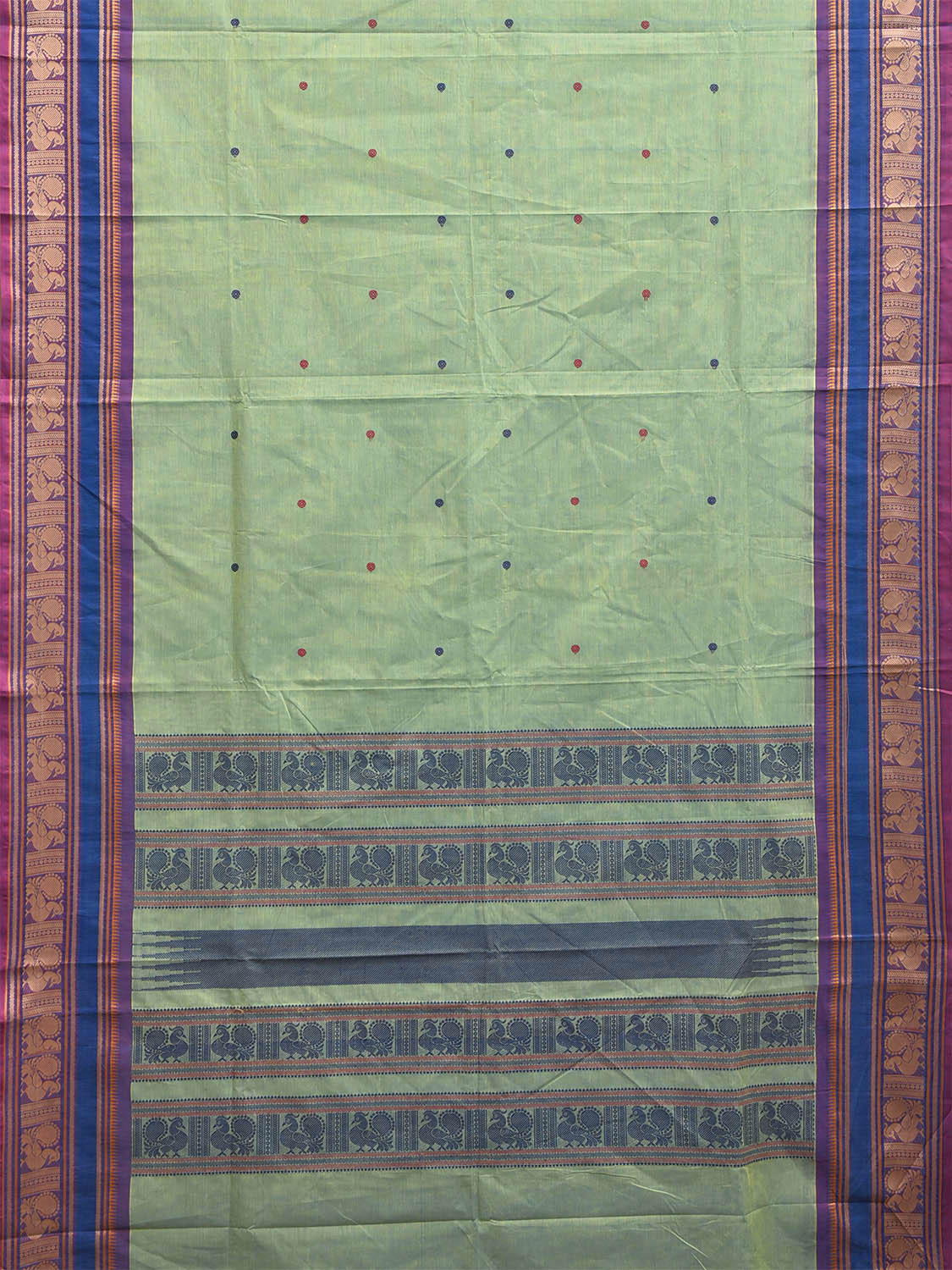 Turquoise and Blue Kanchipuram Cotton Saree with Border and Pallu Design k0991