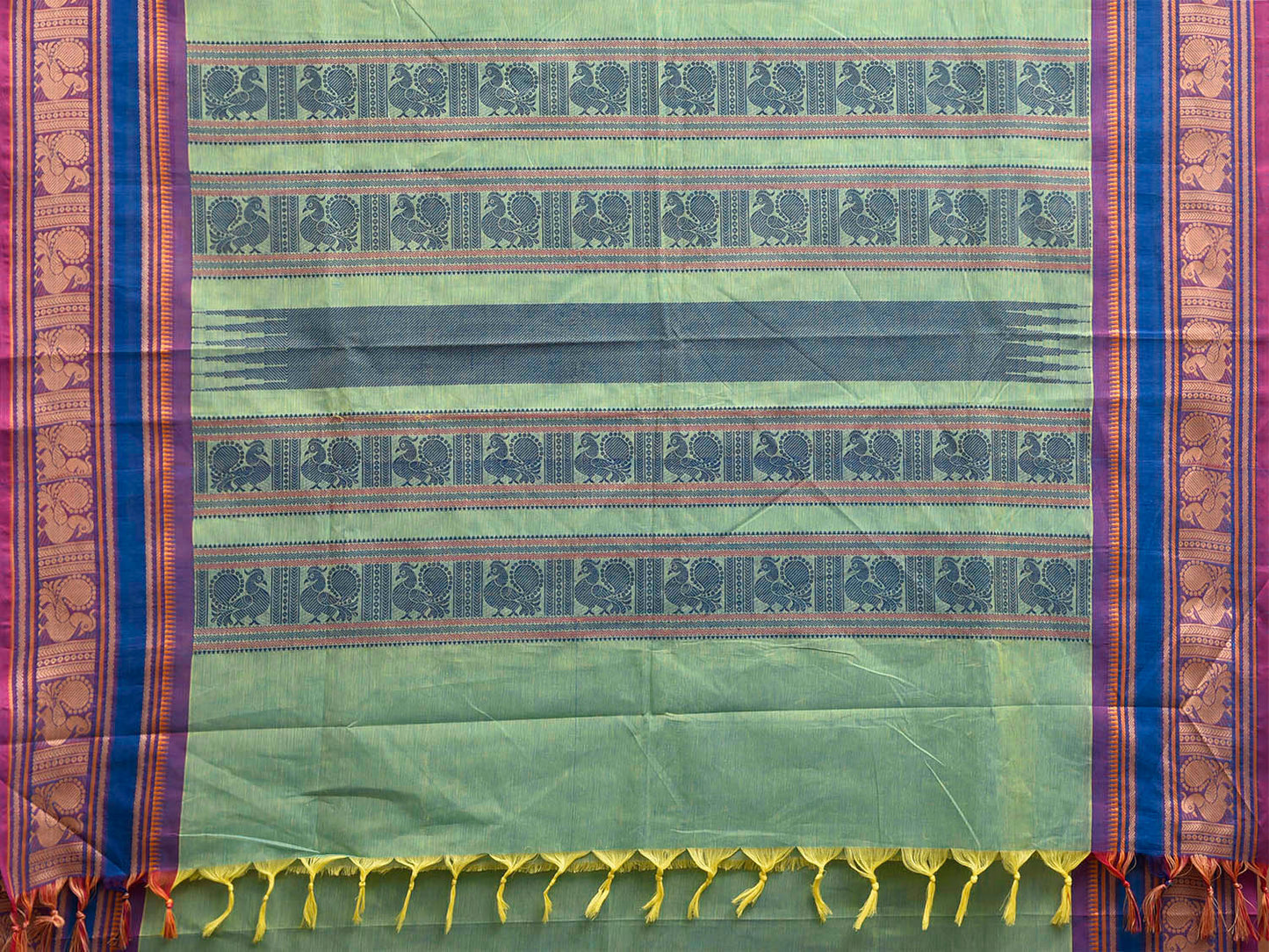 Turquoise and Blue Kanchipuram Cotton Saree with Border and Pallu Design k0991