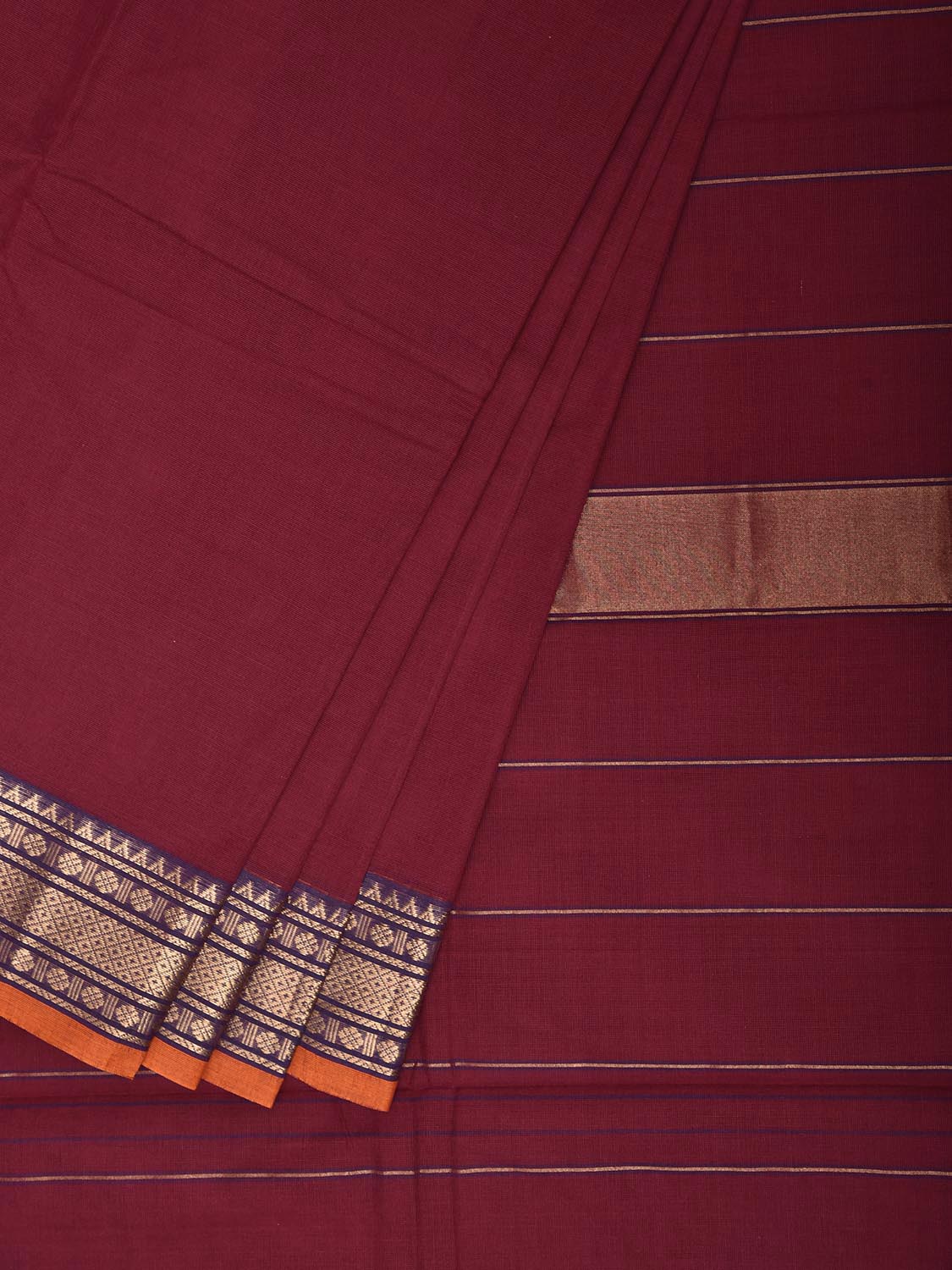 Dark Red Kanchipuram Cotton Plain Saree with Strips Pallu Design and Kalamkari Blouse k0993