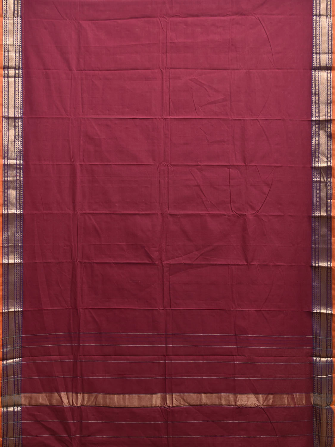 Dark Red Kanchipuram Cotton Plain Saree with Strips Pallu Design and Kalamkari Blouse k0993