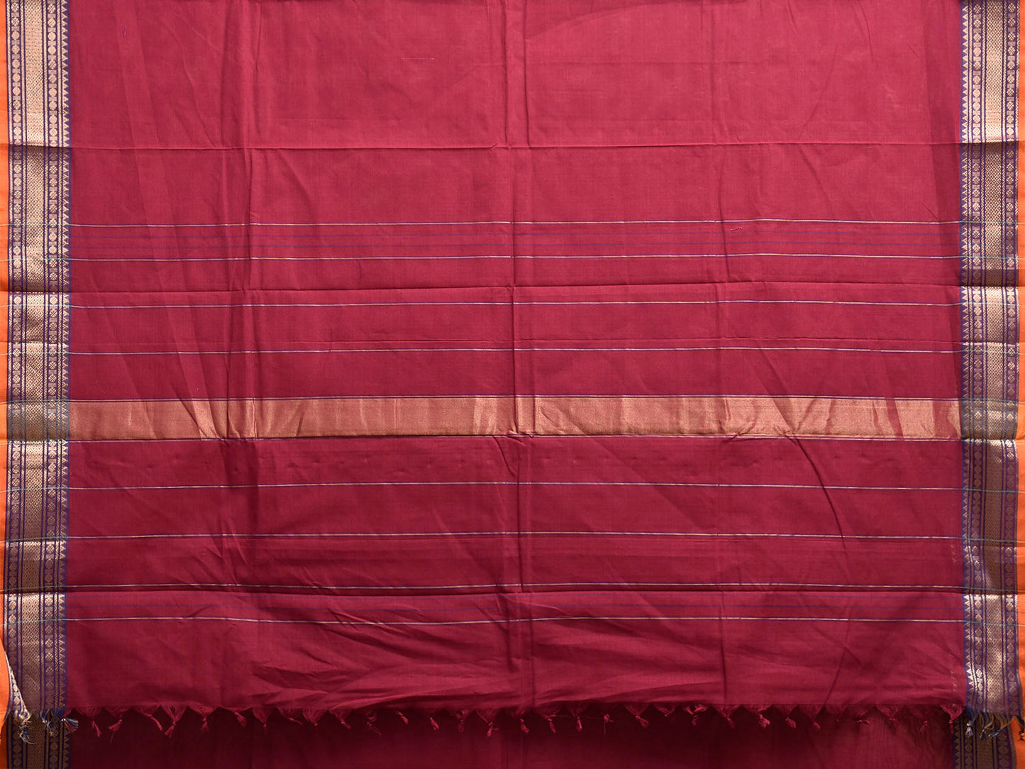 Dark Red Kanchipuram Cotton Plain Saree with Strips Pallu Design and Kalamkari Blouse k0993